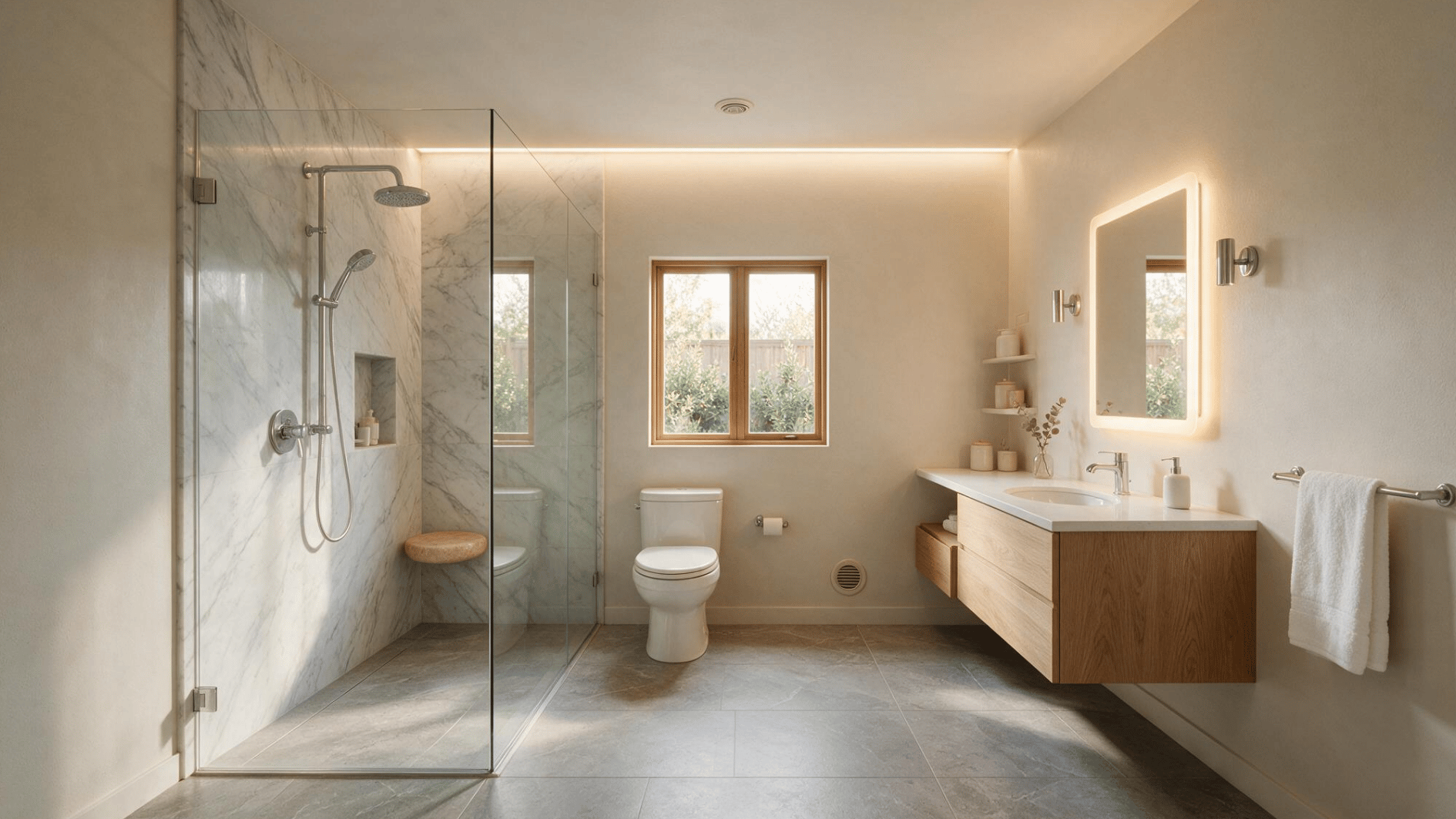 modern bathroom with glass shower wooden floating vanity toilet marble walls warm lighting and a garden window