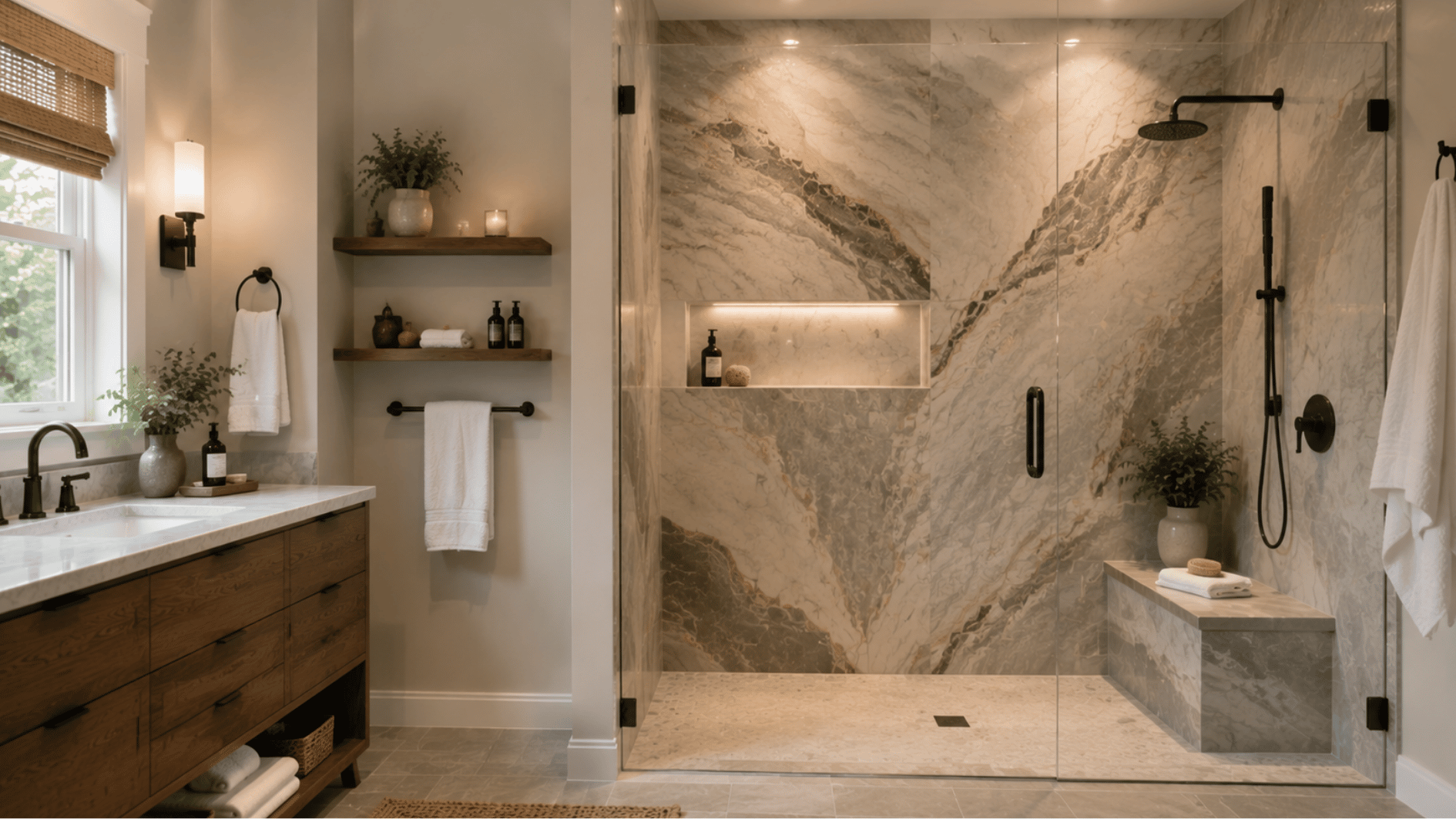 modern bathroom with large format stone slab shower accent wall