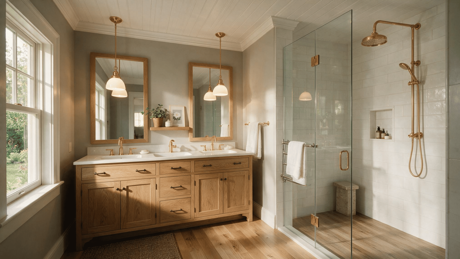 modern bathroom with oak double vanity glass shower brass fixtures white subway tile and wood flooring