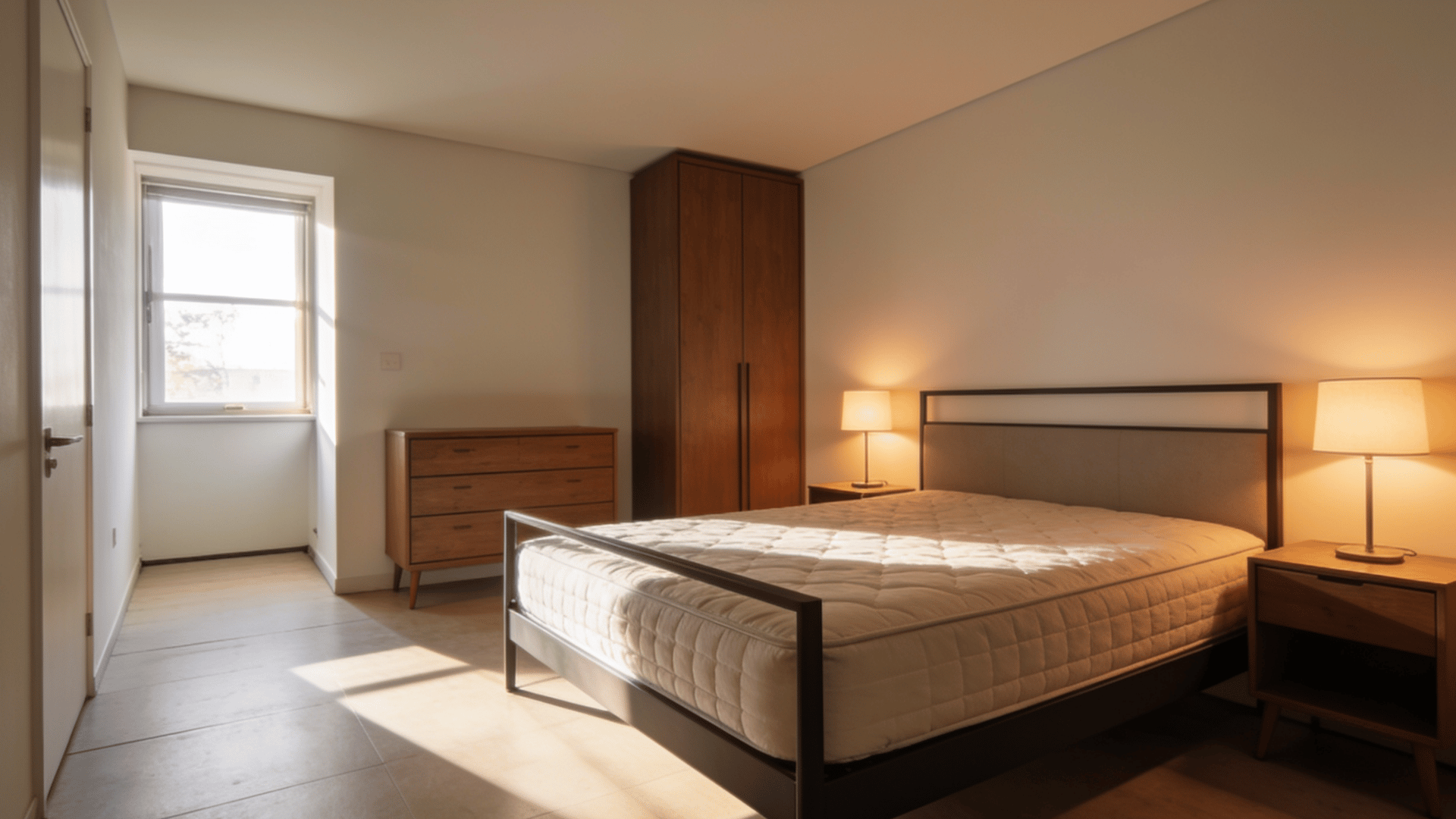 modern bedroom with bed, two nightstands with lamps, dresser, and wardrobe arranged for comfort and easy movement