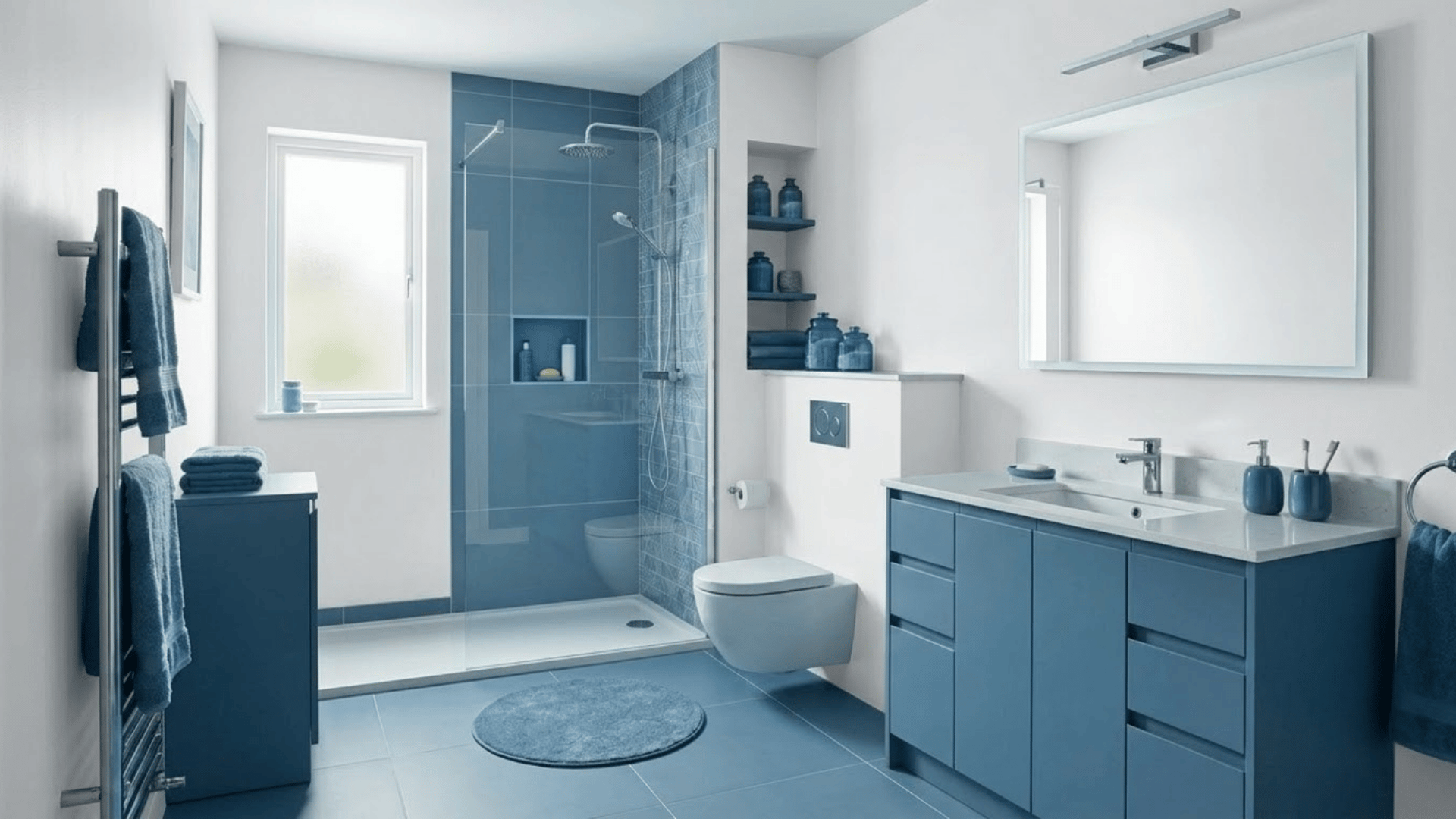 Modern blue bathroom with blue vanity, shower tiles, and white walls