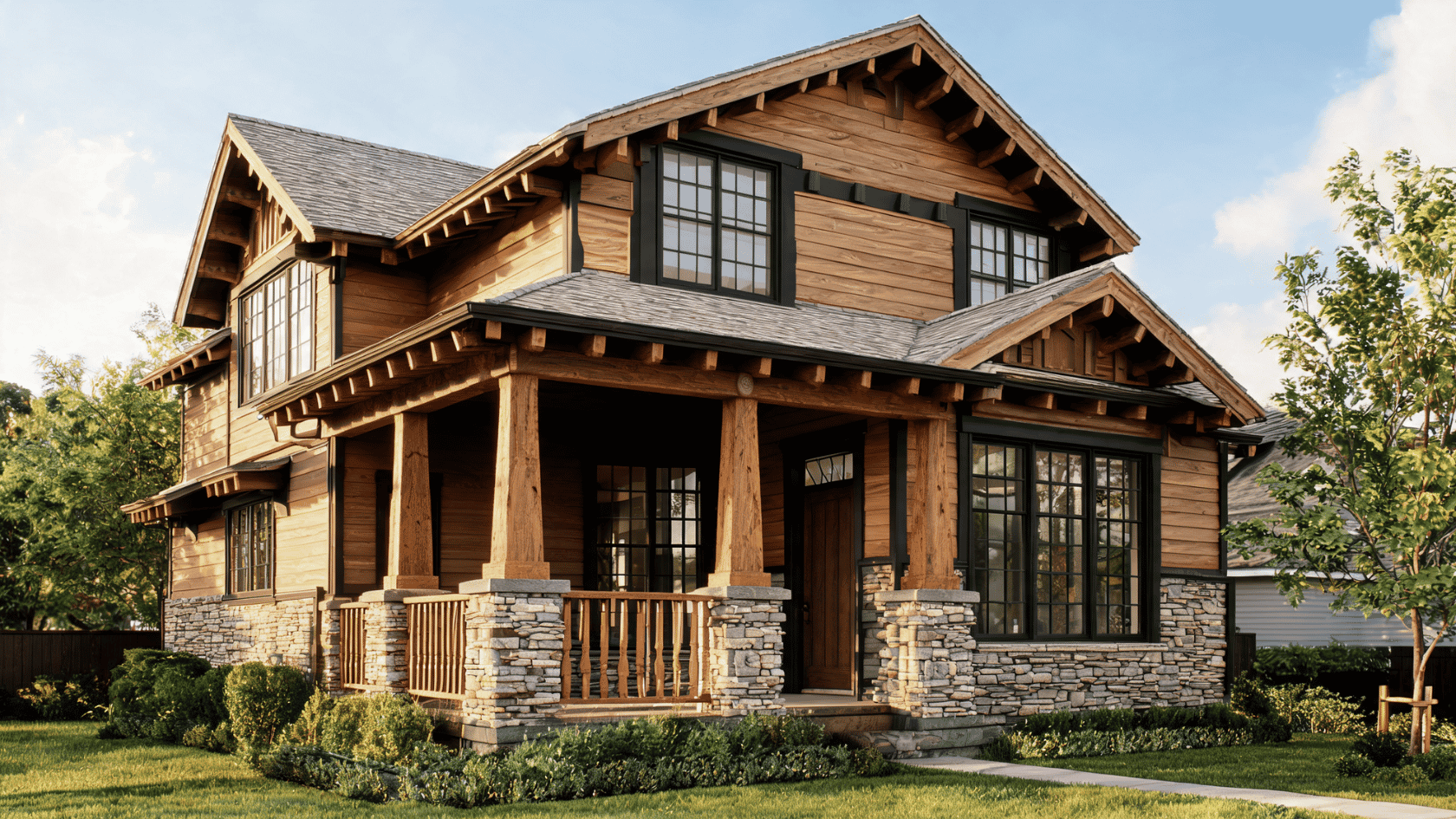 Modern Craftsman home with wood details, stone accents, large windows, and front porch.