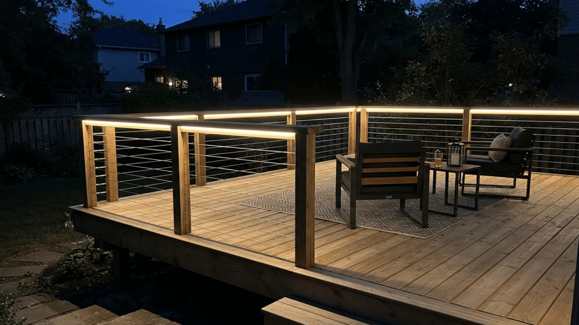 modern deck with hidden led strip lighting under the railing at night