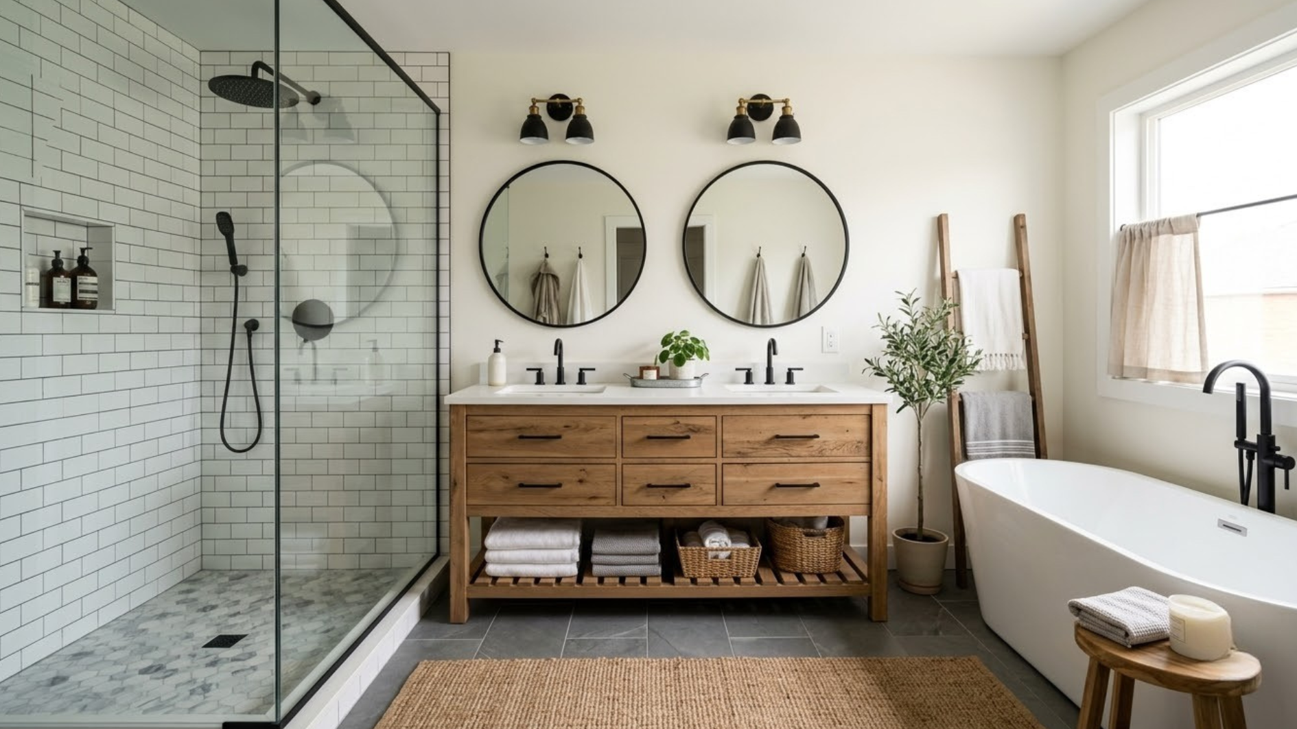 modern farmhouse bathroom with oak double vanity round mirrors glass shower freestanding tub and soft daylight