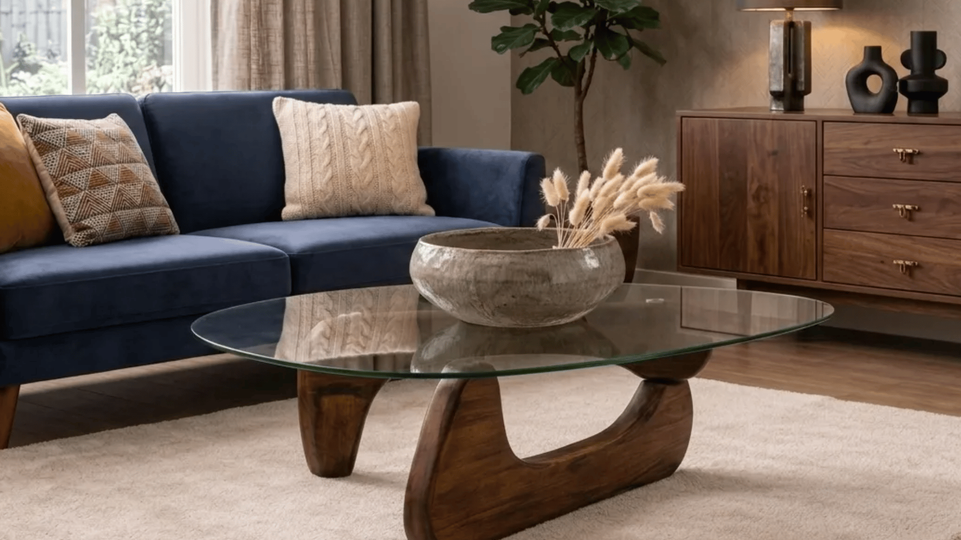Modern glass coffee table with curved wooden base and decorative bowl centerpiece in a cozy living room.