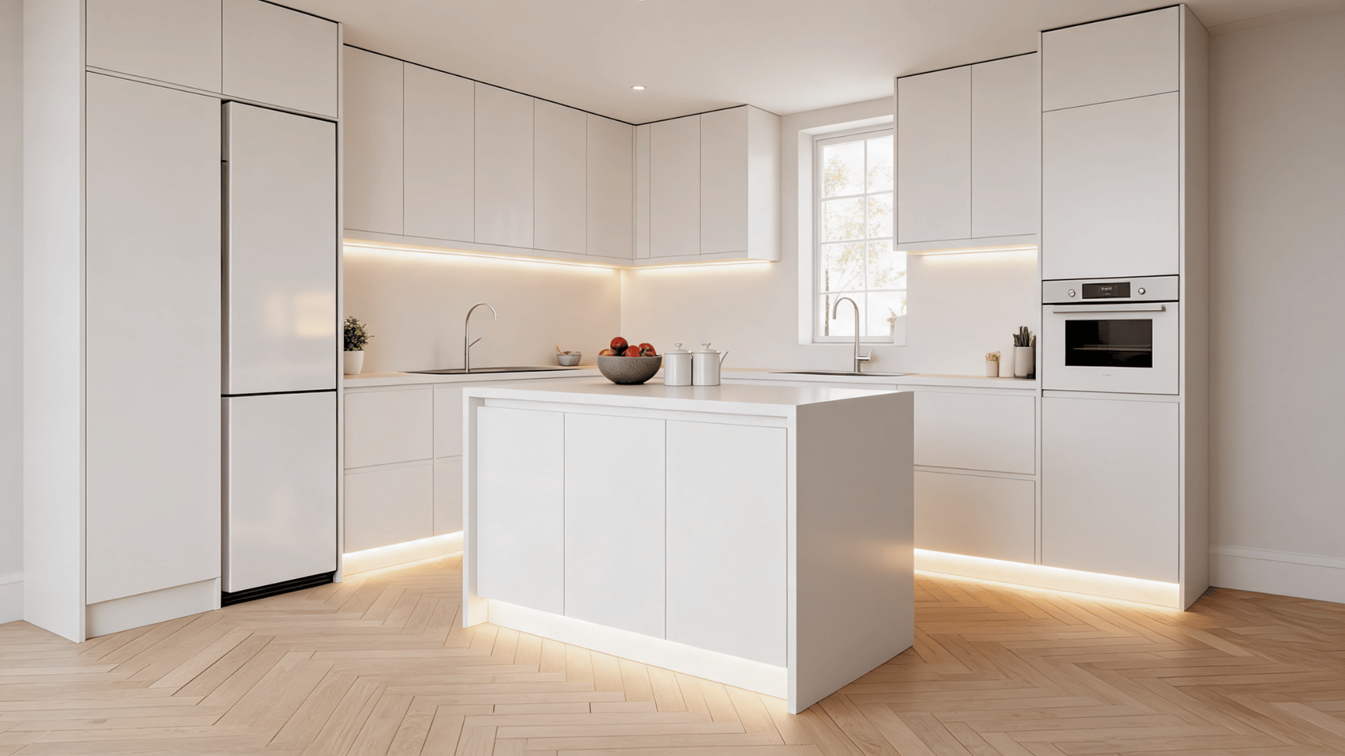 Modern handleless white kitchen with slab cabinets, hidden storage, waterfall island, LED lighting, and seamless surfaces.