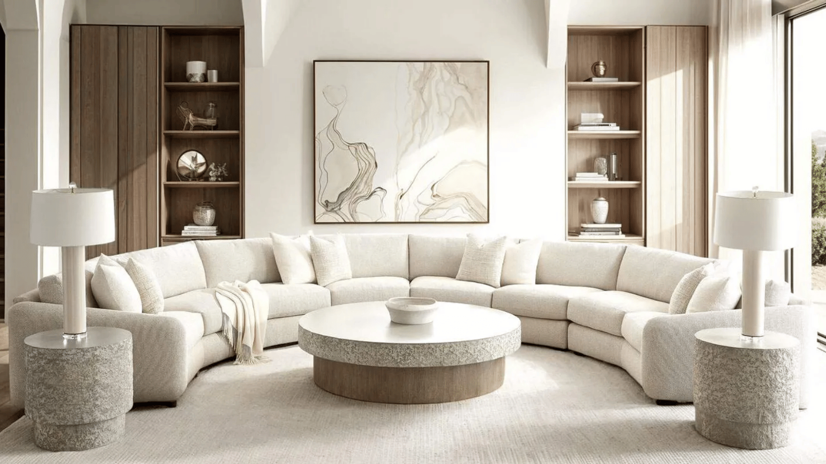 Modern living room with curved white sofa, marble coffee table, built-in shelves, and neutral decor.