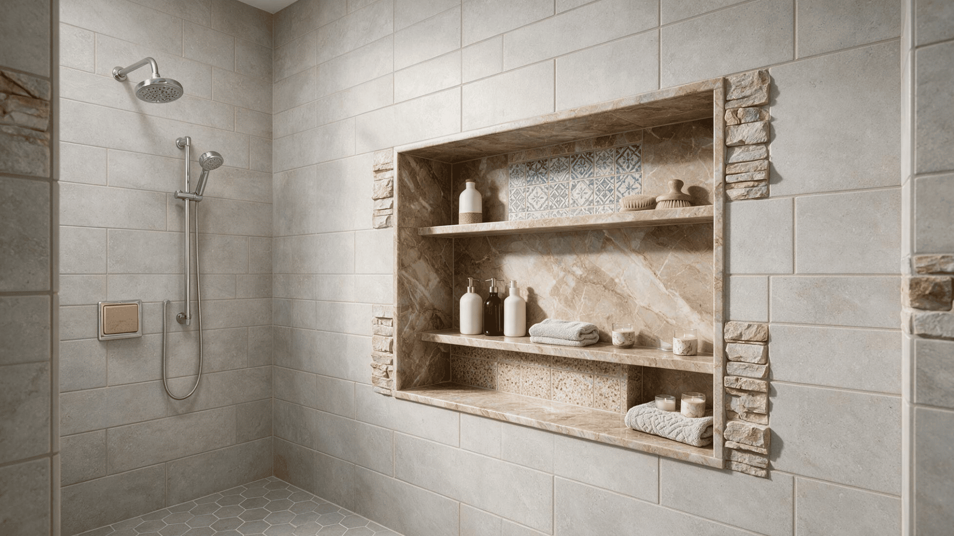 modern open shower with a stylish built-in niche featuring tile details and organized bathroom storage