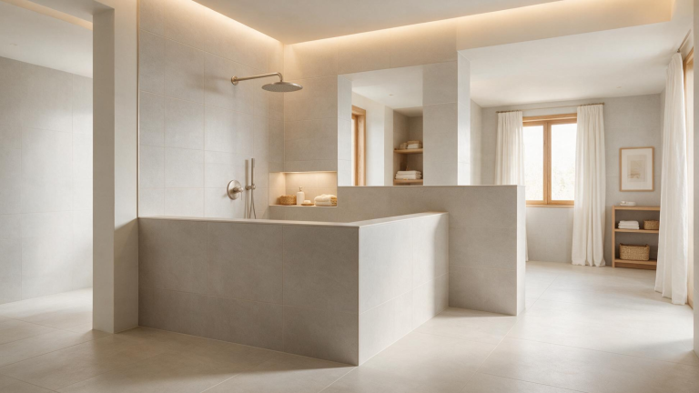 modern pony wall shower with open half wall no glass seamless floor and rainfall showerhead in a bright neutral bathroom