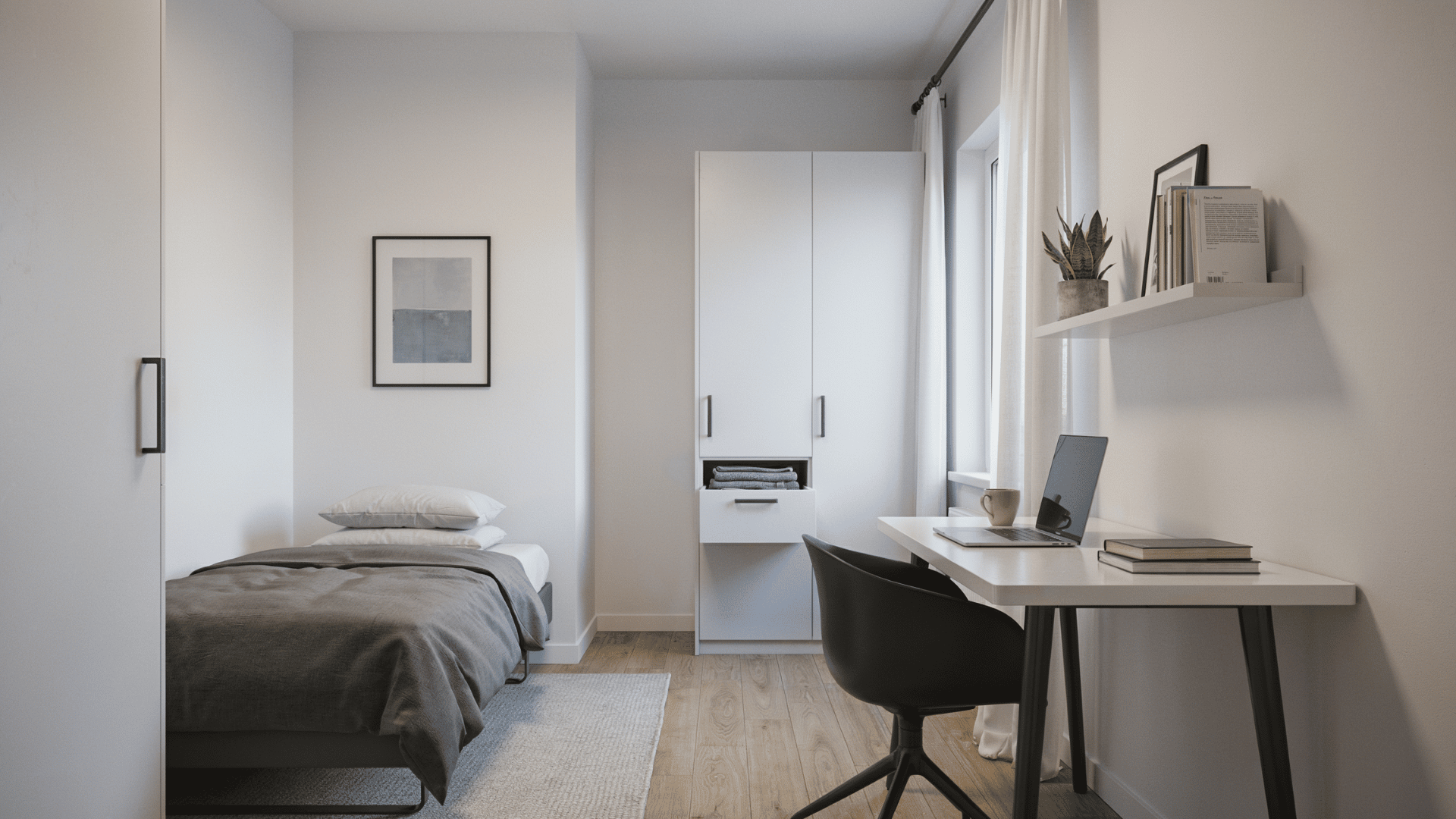 Modern dorm room with sleek furniture, clean lines, and a simple monochrome color scheme.