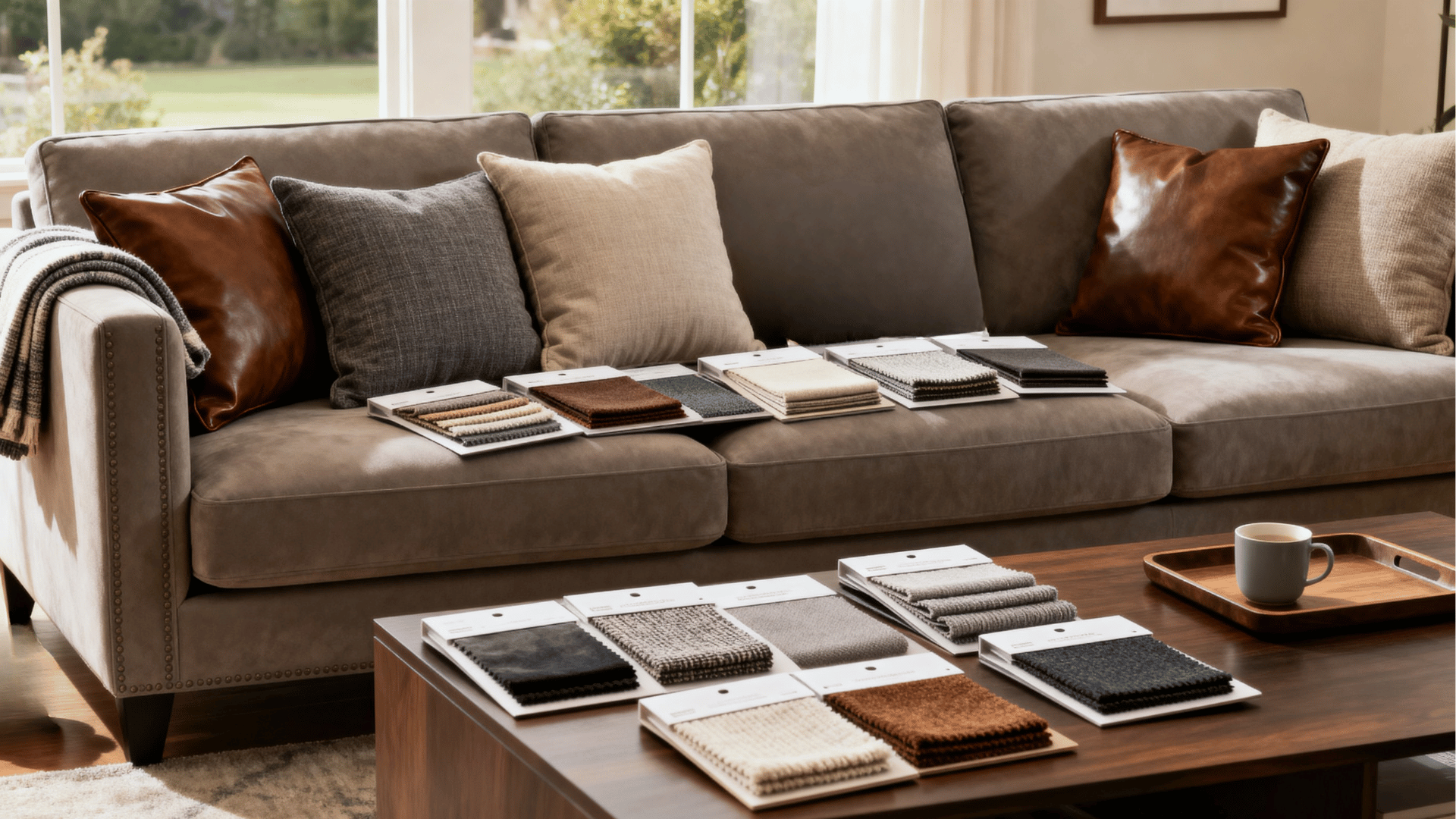modern sofa with leather and fabric swatches arranged on cushions and a wooden coffee table in bright daylight