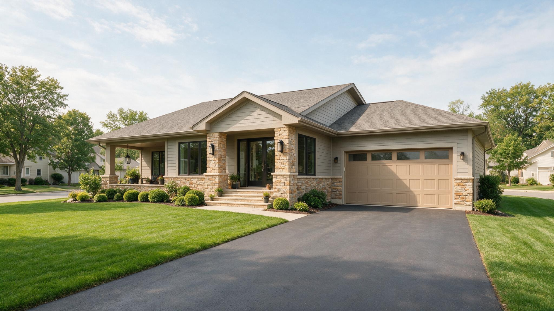 modern suburban home with a stone porch attached two car garage wide driveway green lawns and neat landscaping