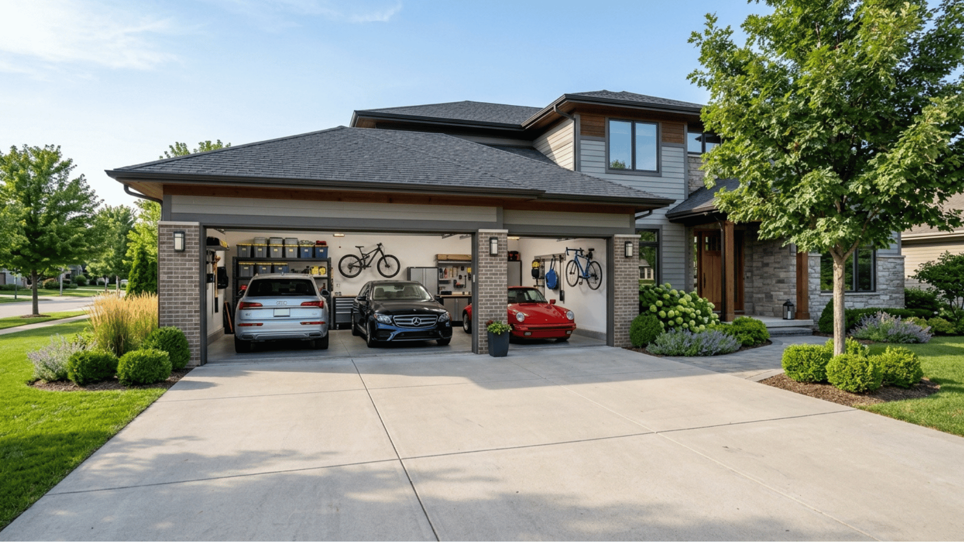 modern three car garage with open doors three parked vehicles wall storage bicycles and landscaped drive areas