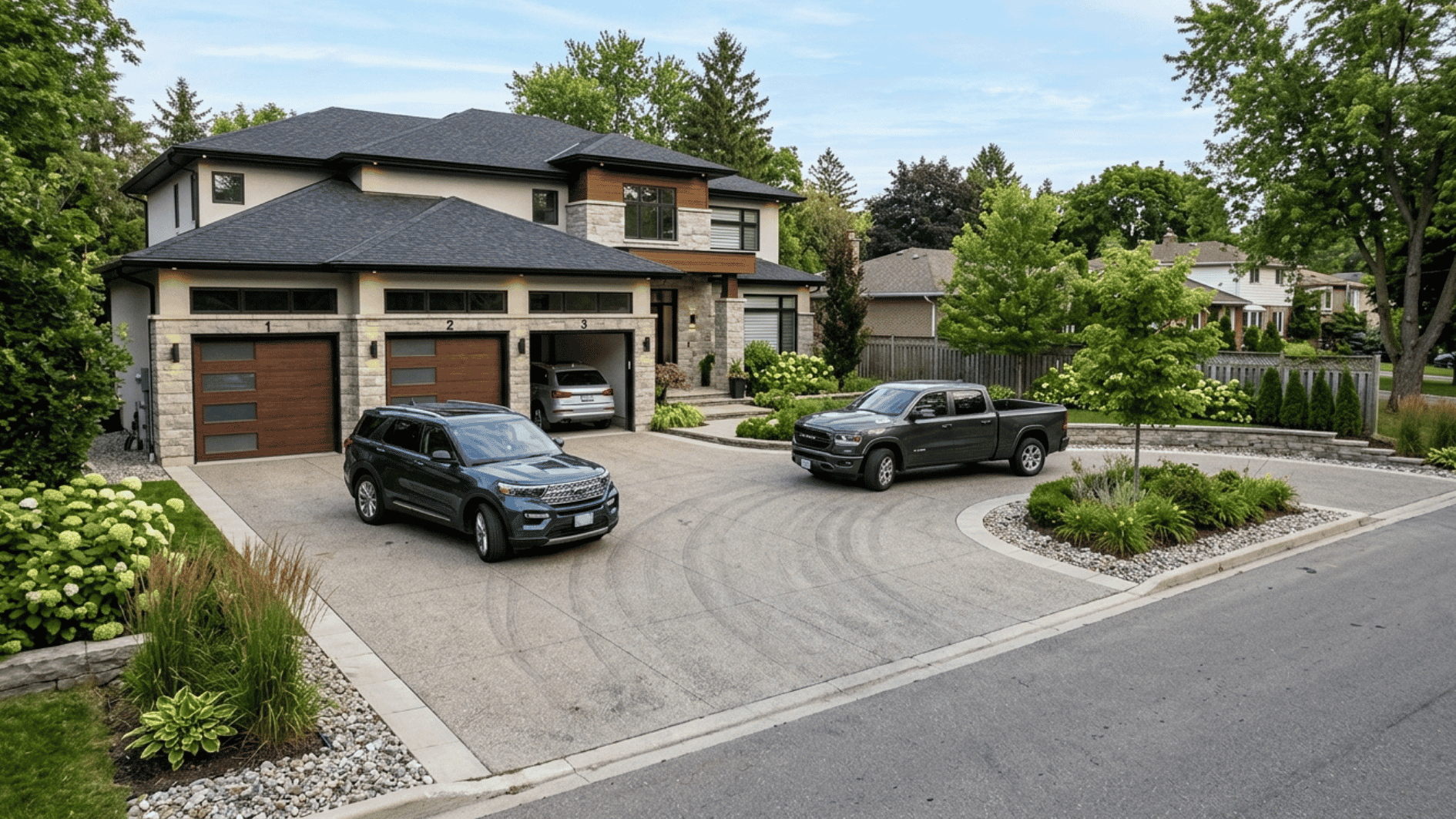 modern three car garage with separate doors suv pickup and sedan on a wide landscaped circular driveway outdoors (1)
