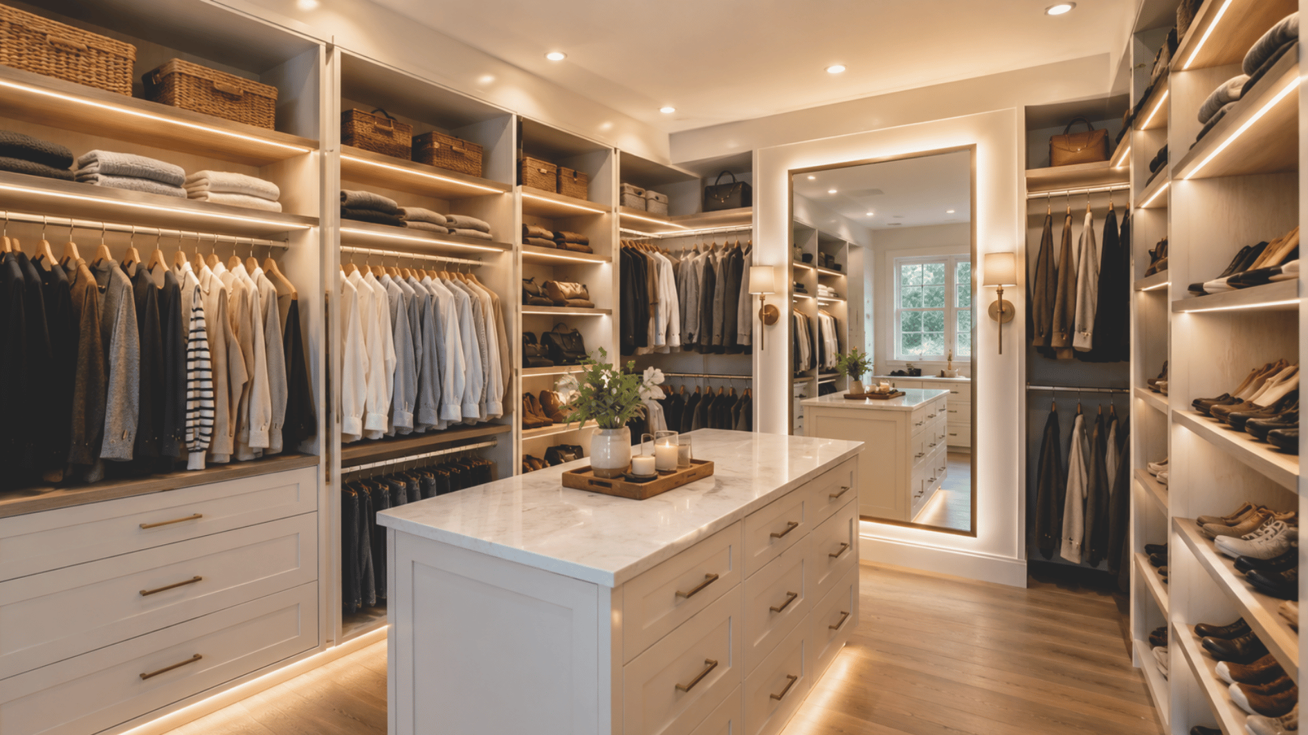 modern walk in closet with layered led lighting illuminated shelves hanging clothes center island and full length mirror