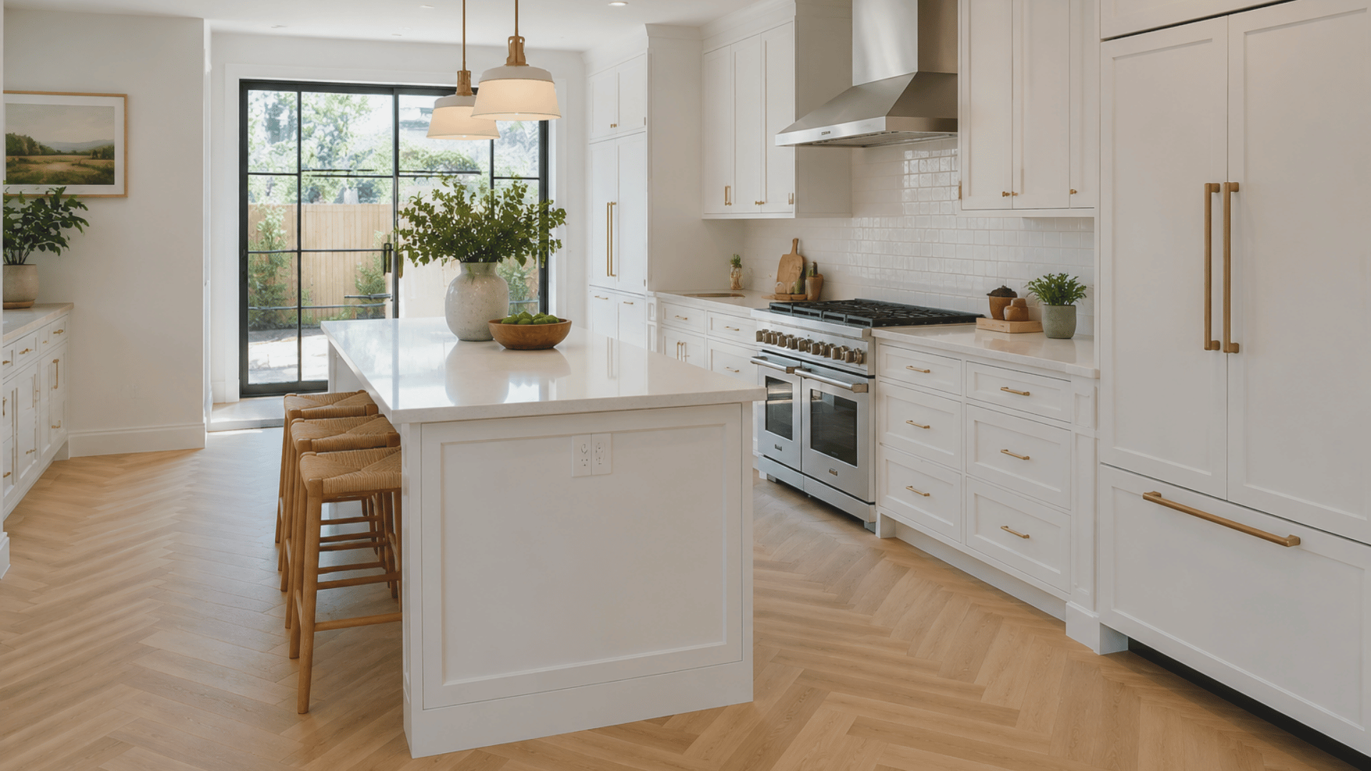 Modern white kitchen with herringbone flooring, marble counters, matte cabinets, island, and warm natural lighting.