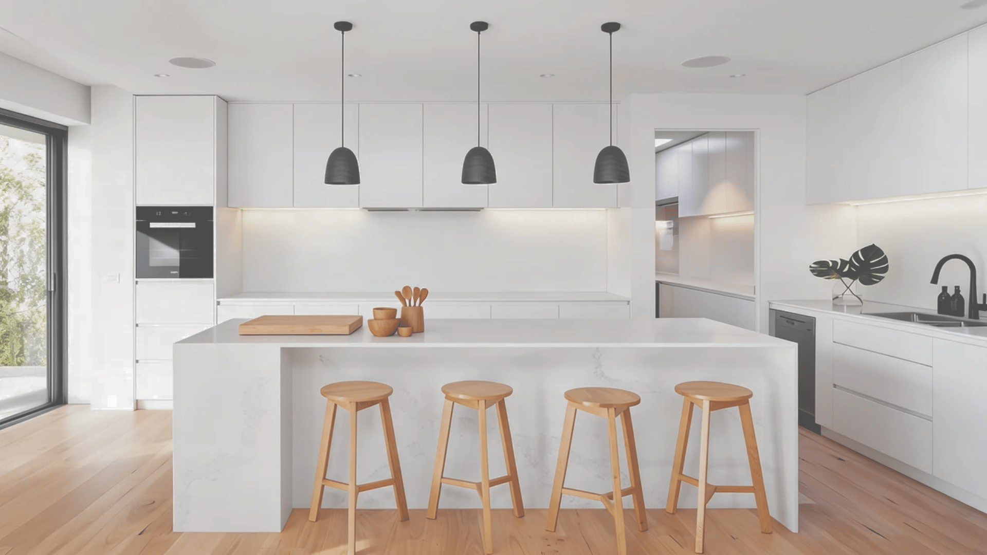 Modern white minimalist kitchen with slab cabinets, waterfall island, integrated appliances, pendant lights, and pale wood floors.