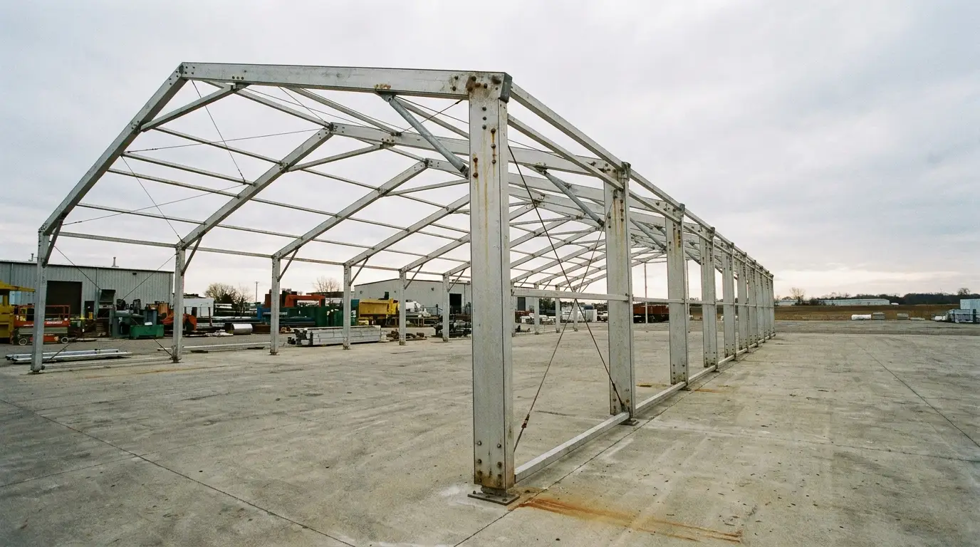 Metal framework of an industrial shed under construction in an open outdoor site
