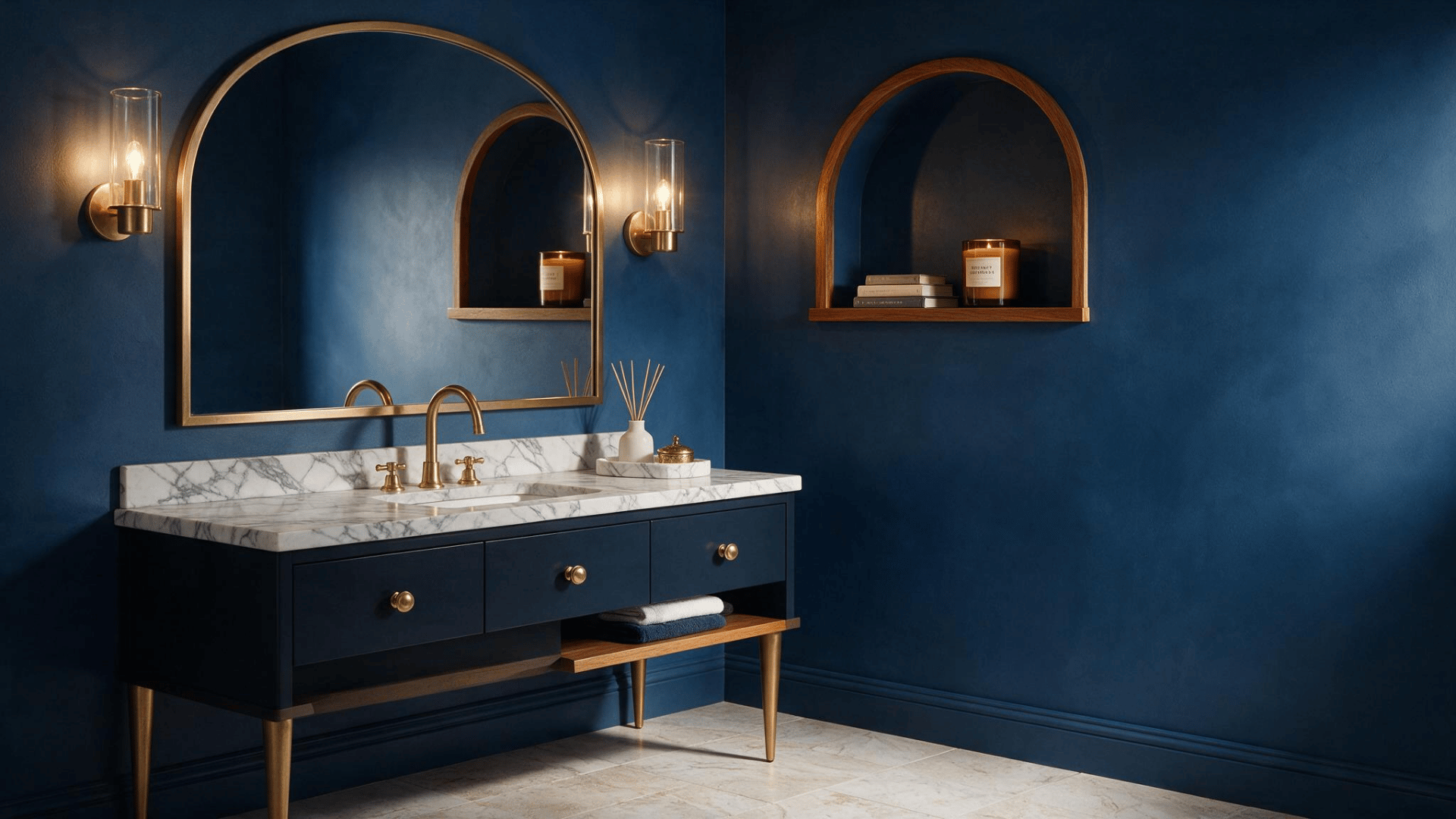 Moody navy bathroom with brass arched mirror, marble vanity top, gold sconces, and wood alcove shelf.
