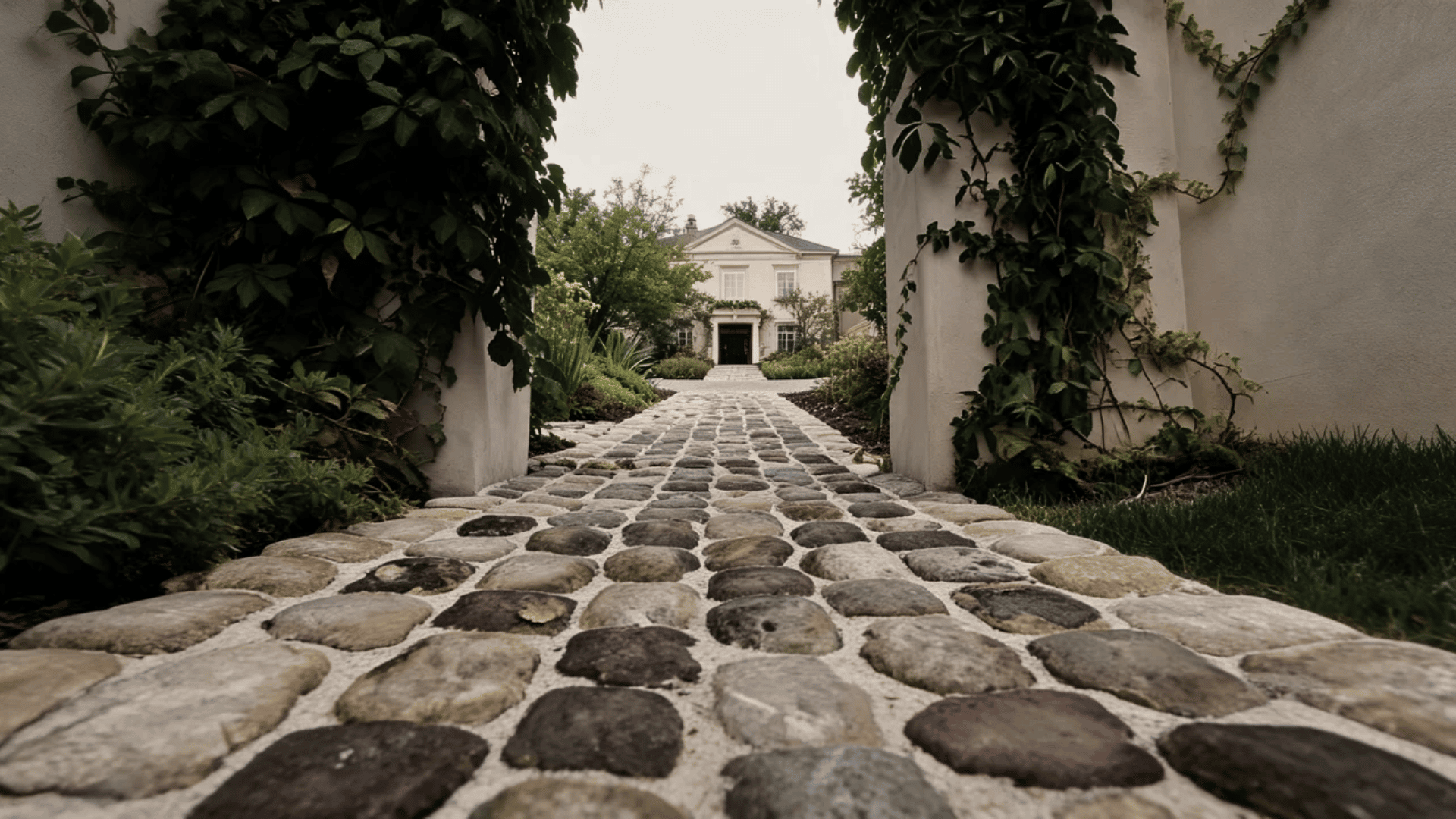 Mosaic stone walkway with patterned small stones surrounded by garden plants.