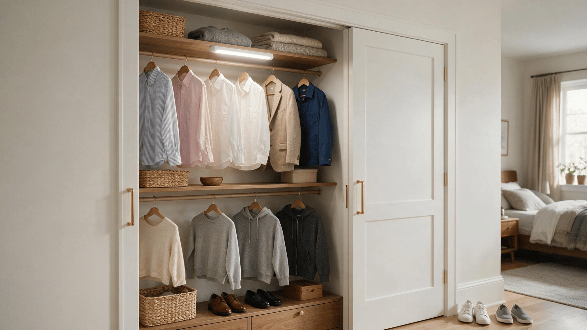 motion sensor light illuminating a reach-in closet with hanging clothes and open storage shelves