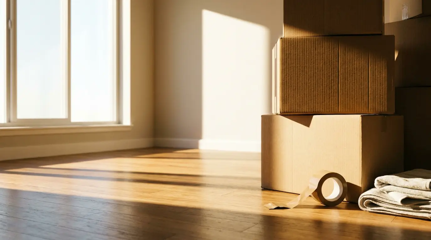 Cardboard moving boxes stacked in bright room with packing tape and blanket nearby