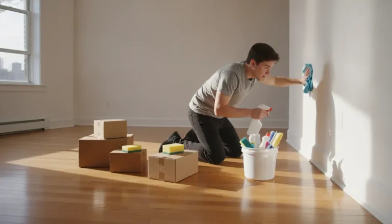 Man cleaning wall in empty room with moving boxes and cleaning supplies on wooden floor