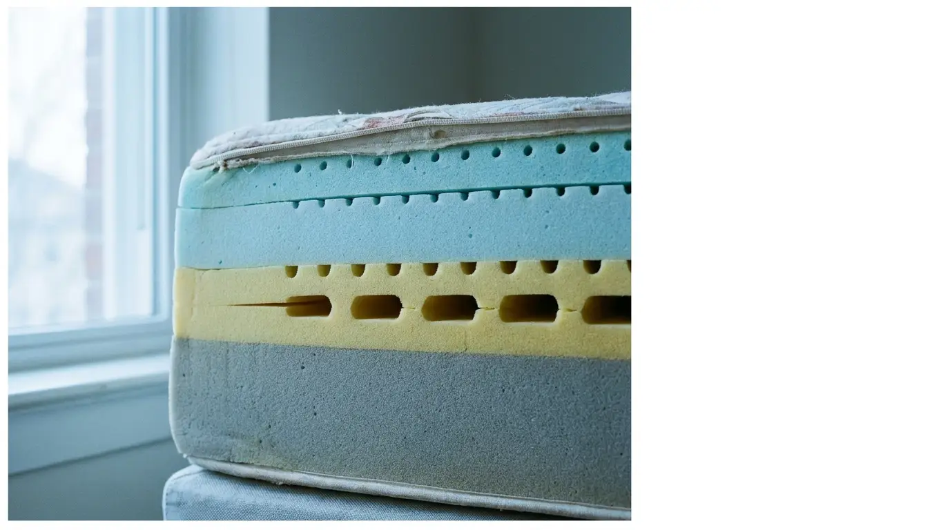 Layered foam mattress with ventilation holes near a window in natural light