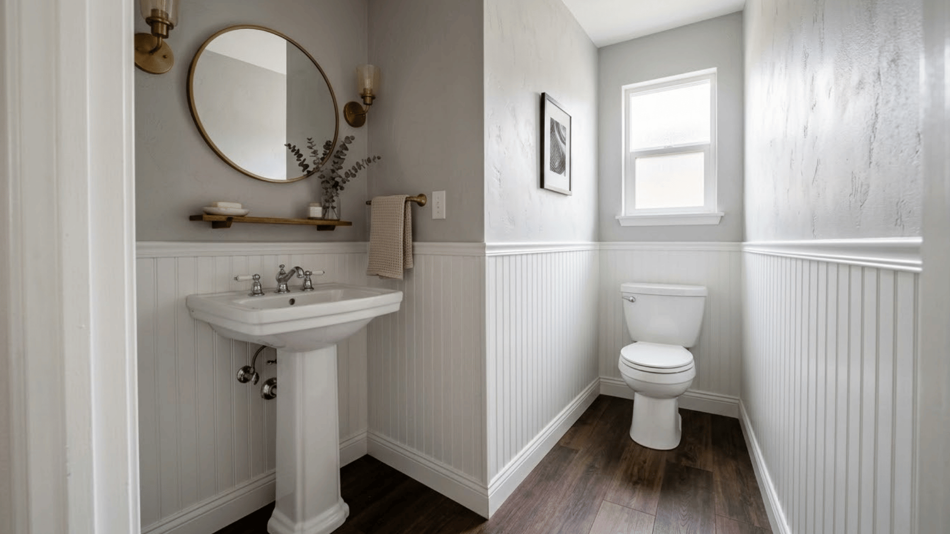 narrow L shaped bathroom with pedestal sink rounded mirror white paneling dark wood floor and toilet by window