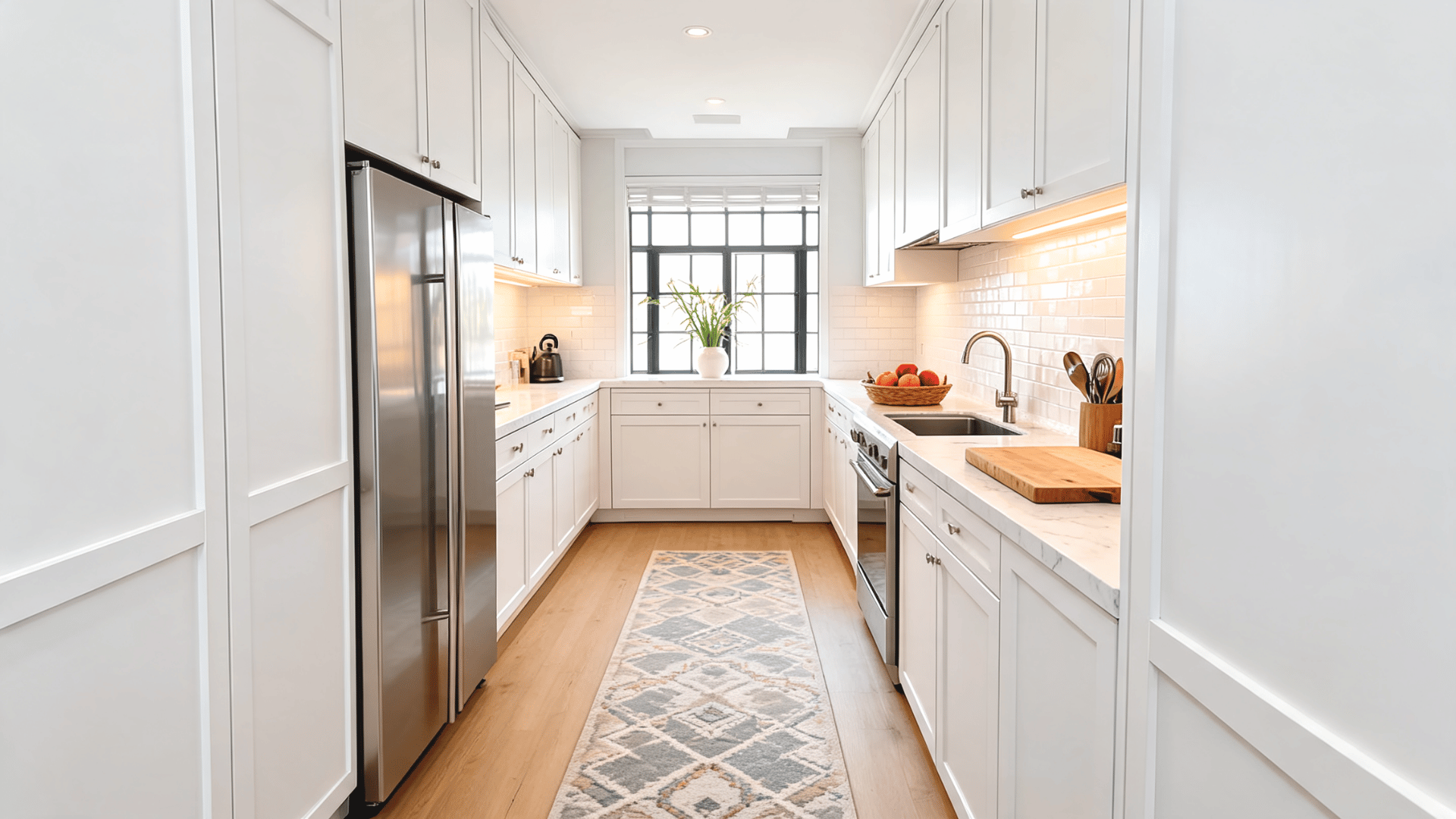 Narrow white galley kitchen with recessed-panel cabinets, marble-look counters, soft lighting, and a bright corridor design.