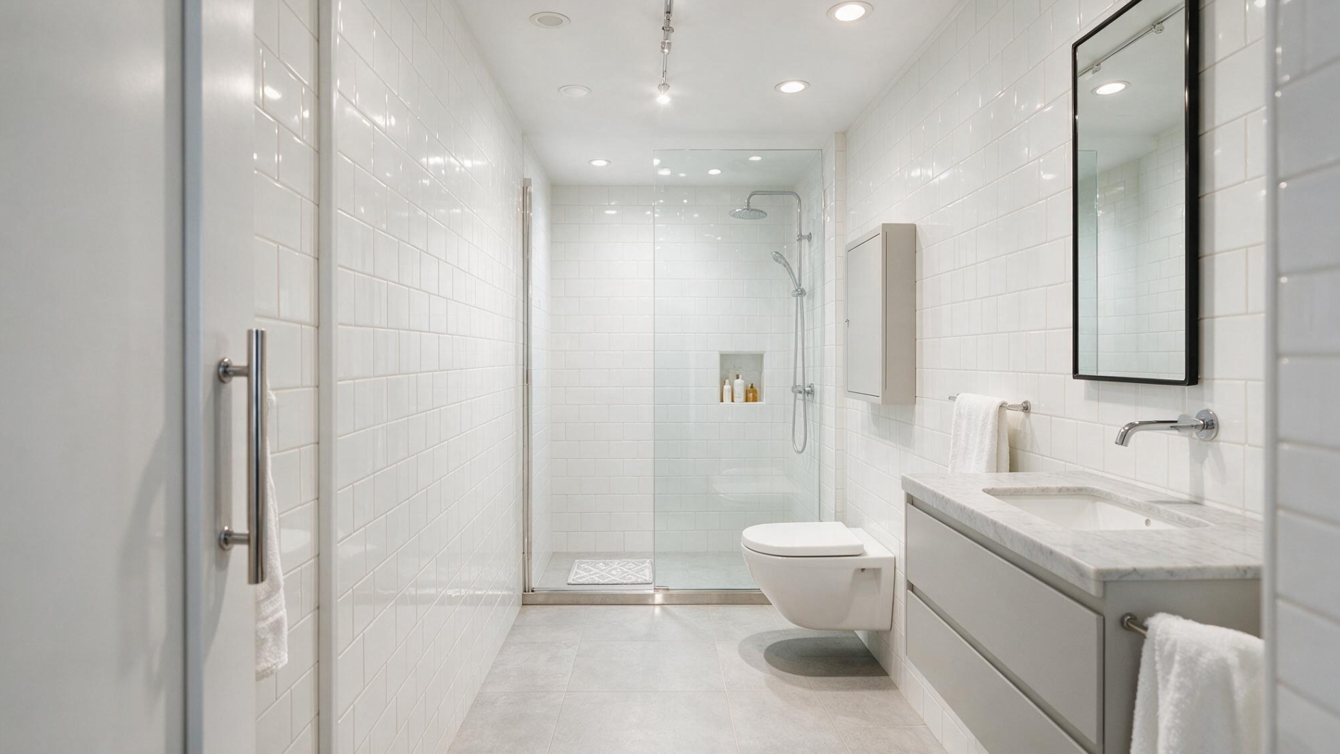 narrow white tiled bathroom with floating vanity wall hung toilet glass shower and bright recessed lights glow