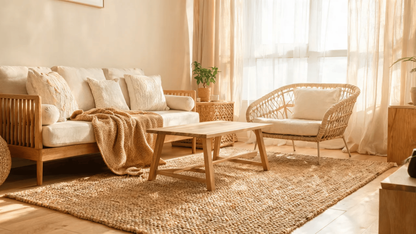 Nancy Meyers aesthetic living room with soft neutrals, natural textures, and cozy layered decor.
