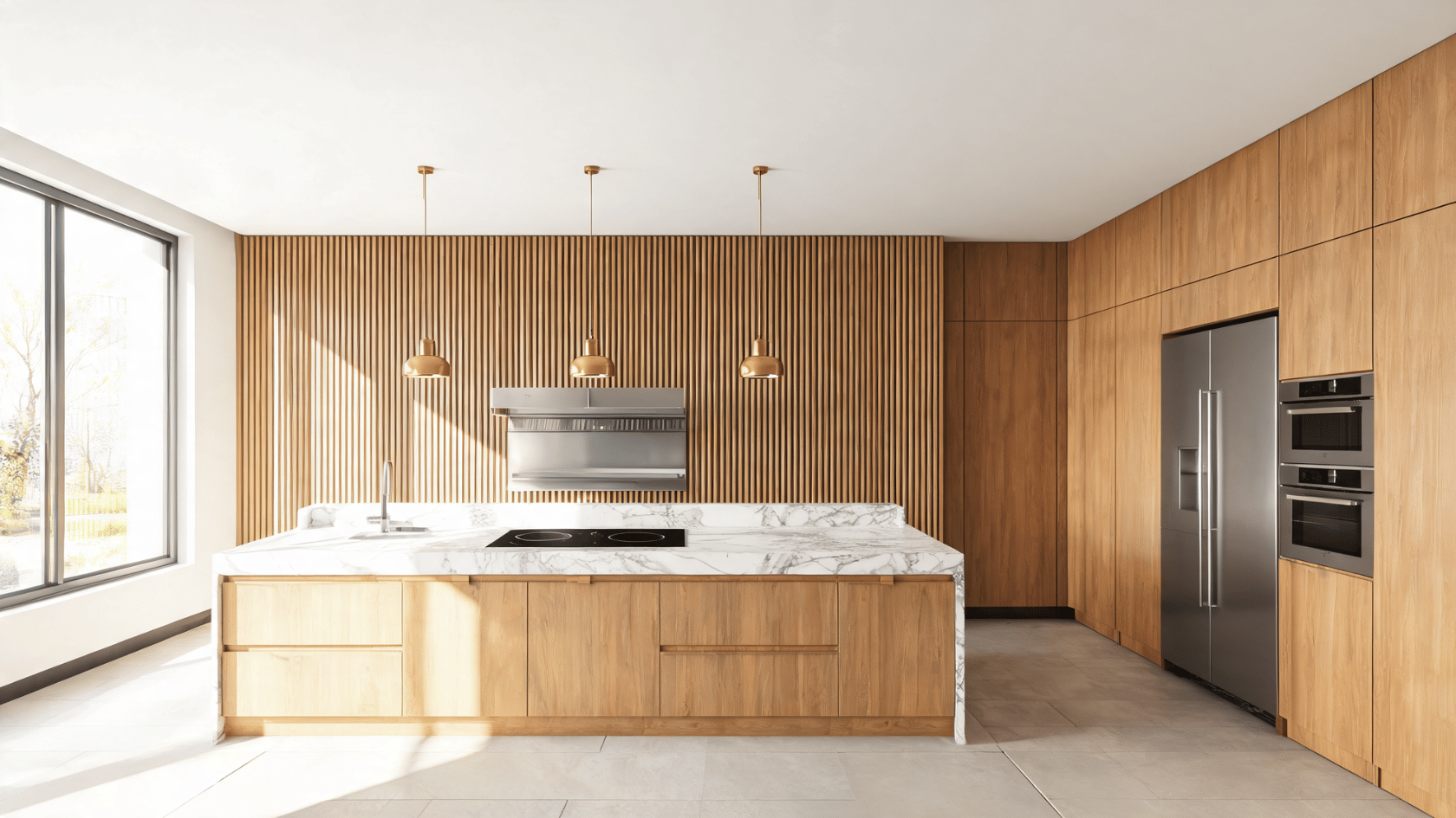 Modern kitchen featuring a slatted natural oak wood accent wall, marble island, and built-in cabinetry.