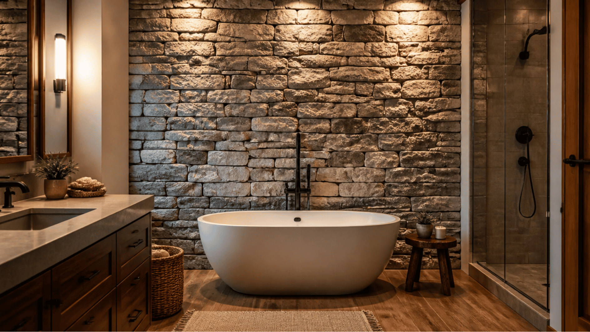 natural stone accent wall in a spa bathroom with warm lighting and wood accents