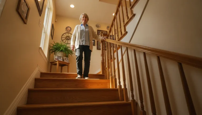 Elderly woman descending wooden staircase in warmly lit home hallway