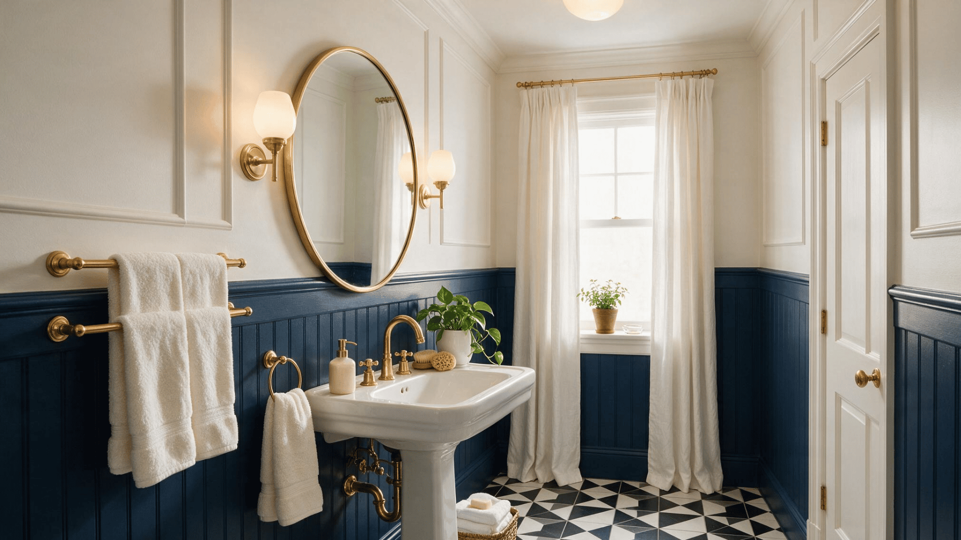 navy beadboard bathroom with pedestal sink brass fixtures oval mirror towels and patterned monochrome flooring