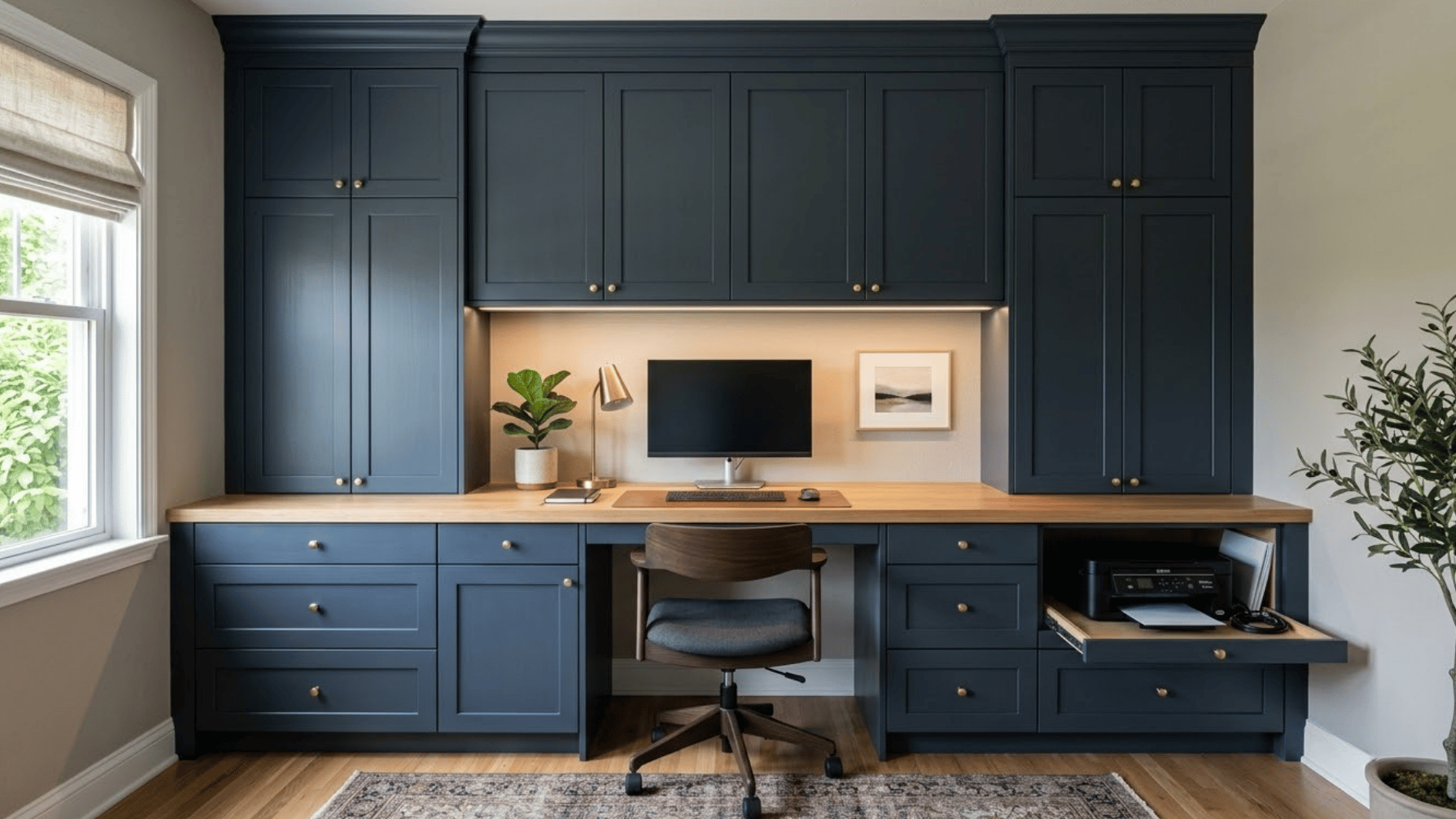 navy built in office cabinets surround a wood desk with computer printer brass hardware and warm lighting glow (1)