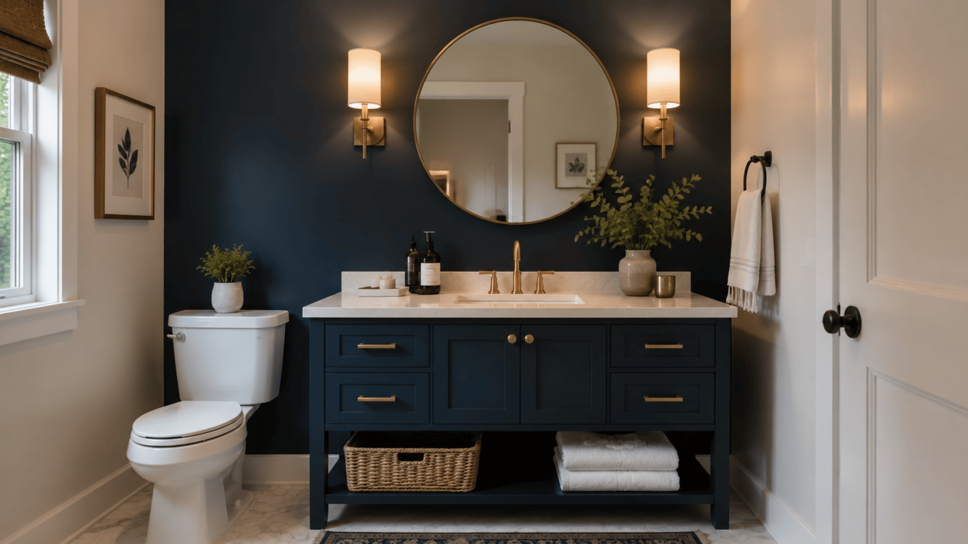 navy painted accent wall behind a bathroom vanity with gold mirror and lighting
