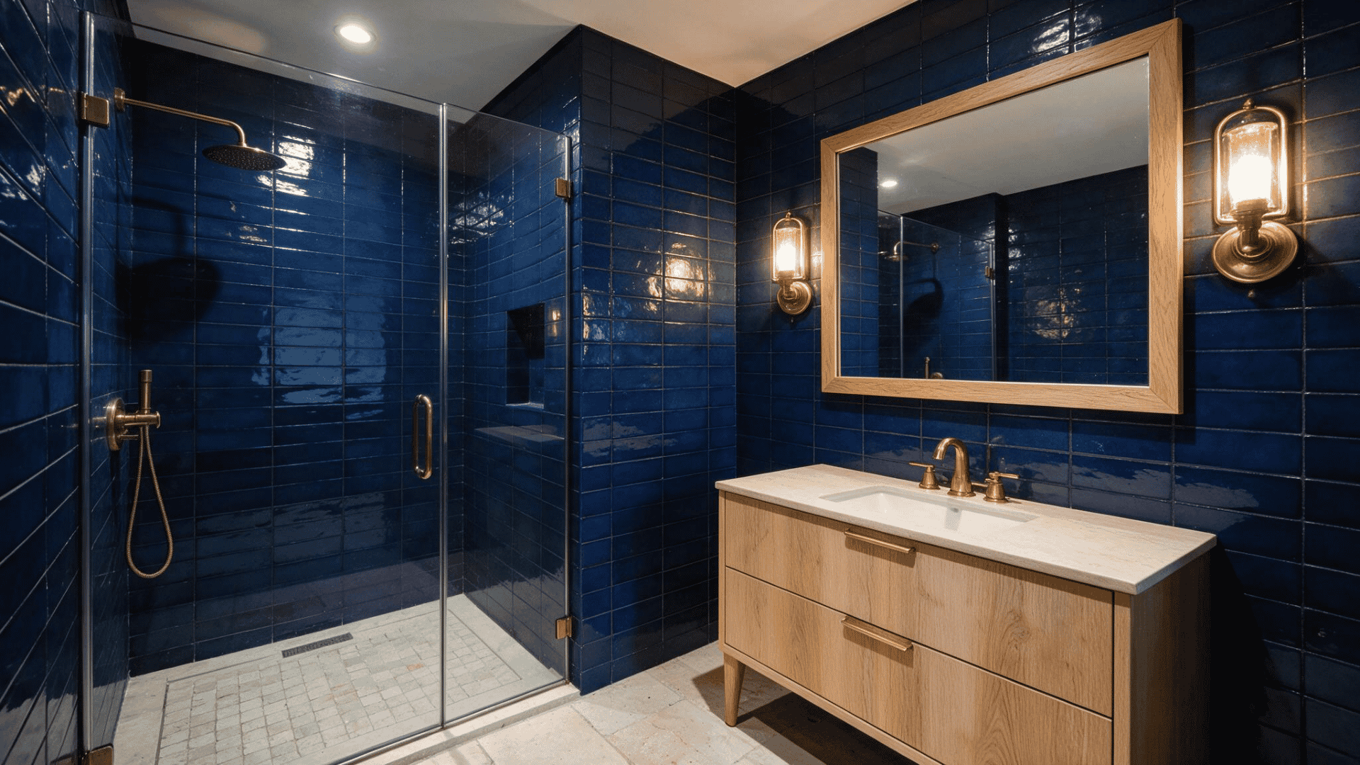 Navy tiled bathroom with glass shower, brass fixtures, wood vanity, and lantern-style sconce lighting.