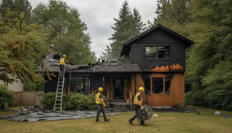 Firefighters inspecting charred house damage with ladder and equipment in lush wooded area