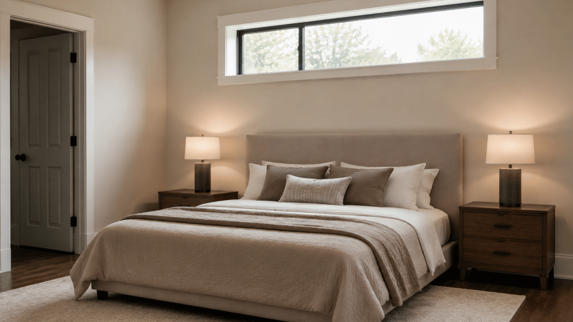 neutral bed placed below an elevated bedroom window with the headboard fitting fully beneath the high window sill