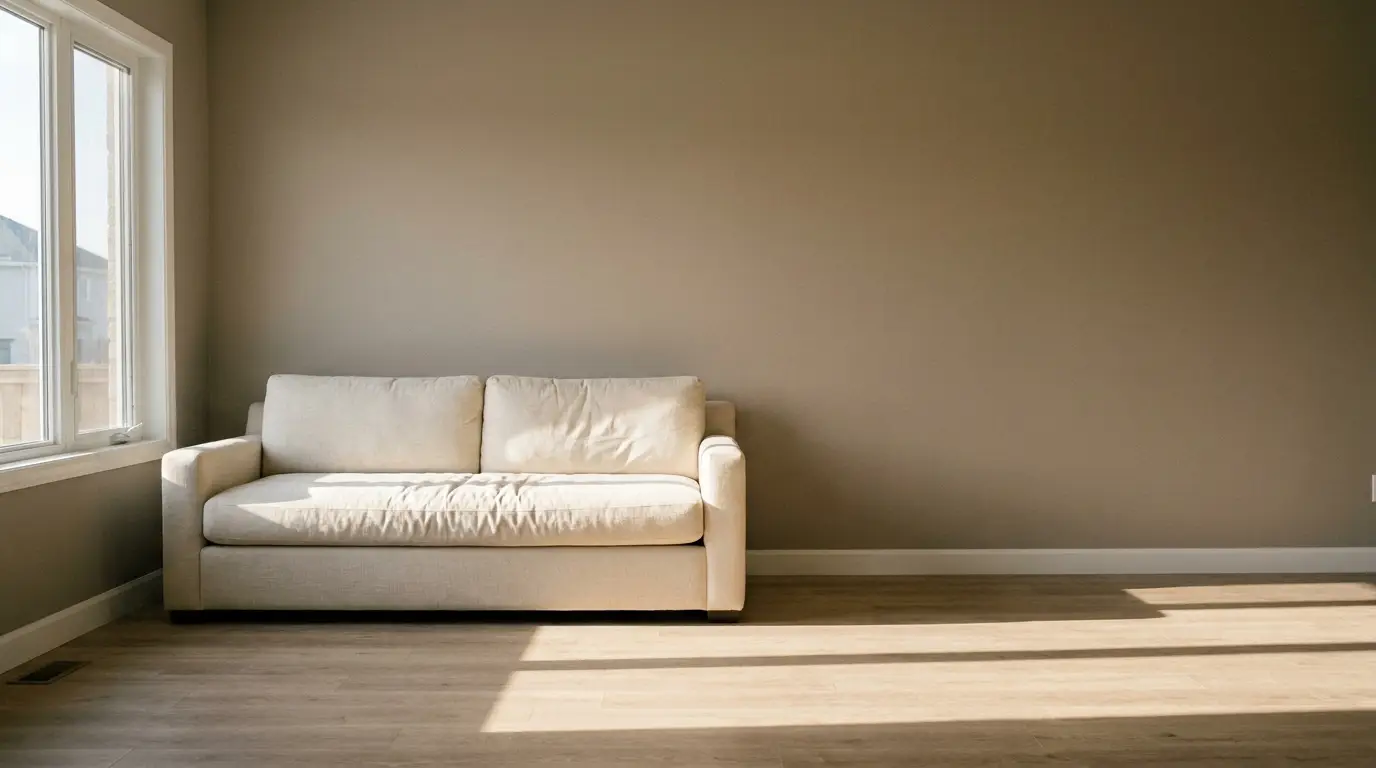 Cream sofa in sunlit room with light wood flooring and large window