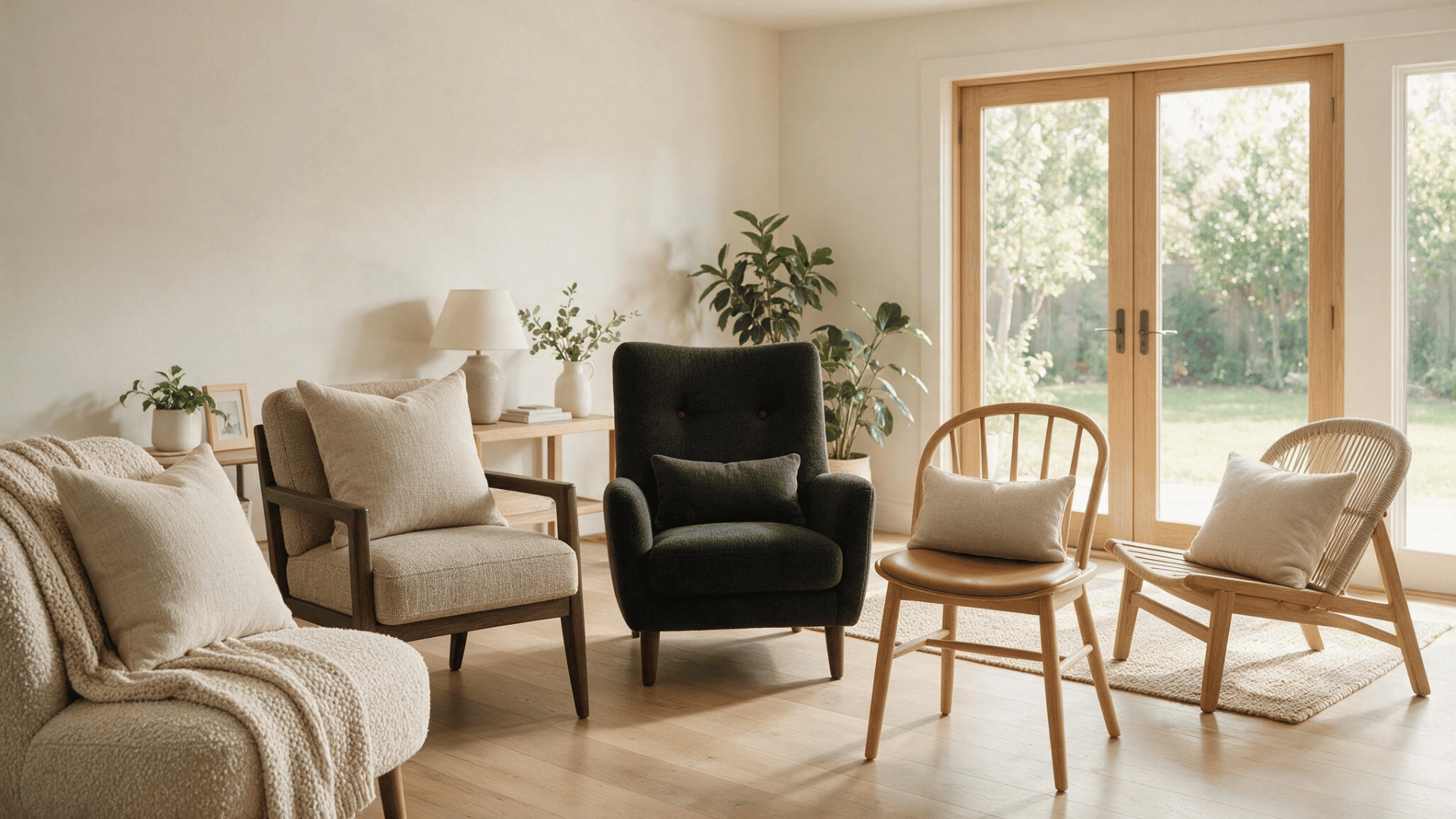 Neutral living room with five mixed-style chairs, cream cushions, plants, and sunlit wooden doors.