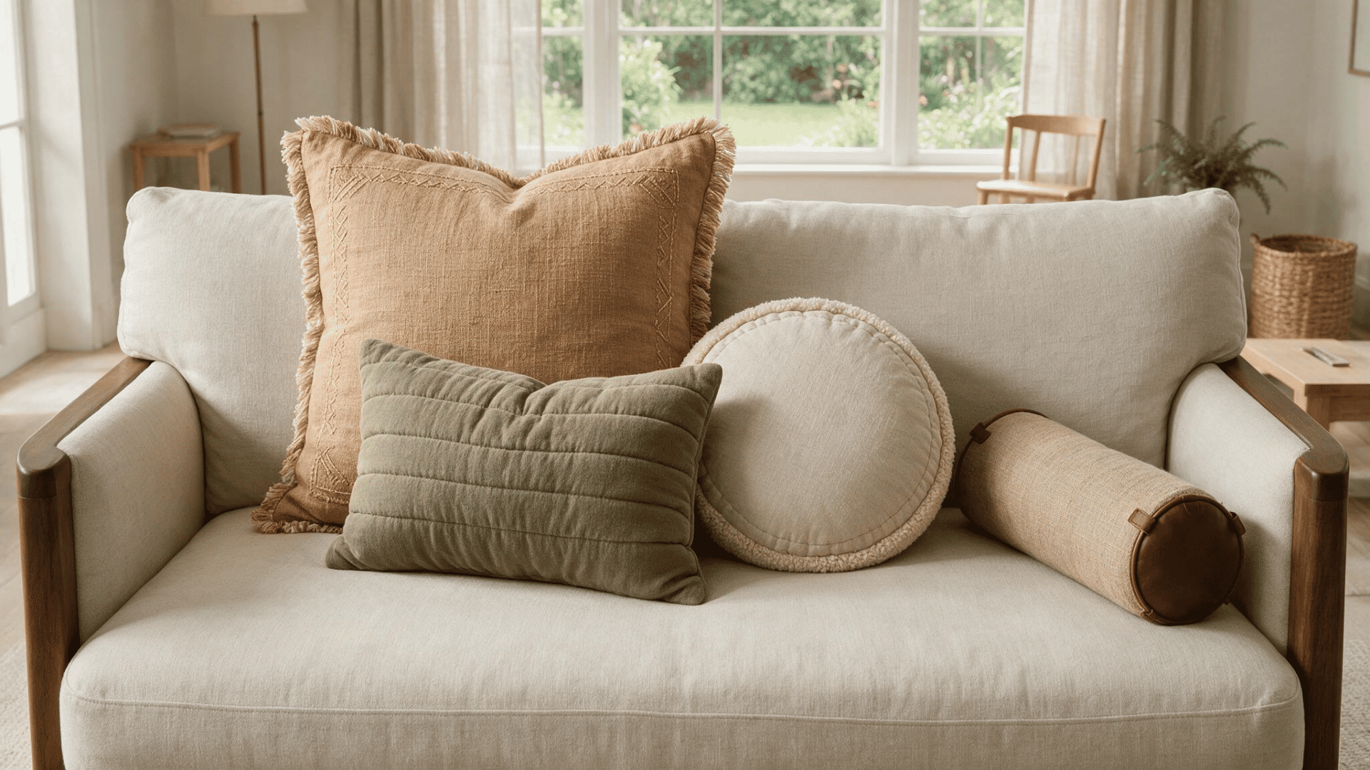 Neutral sofa with square, lumbar, round, and bolster throw pillows arranged on the seat.