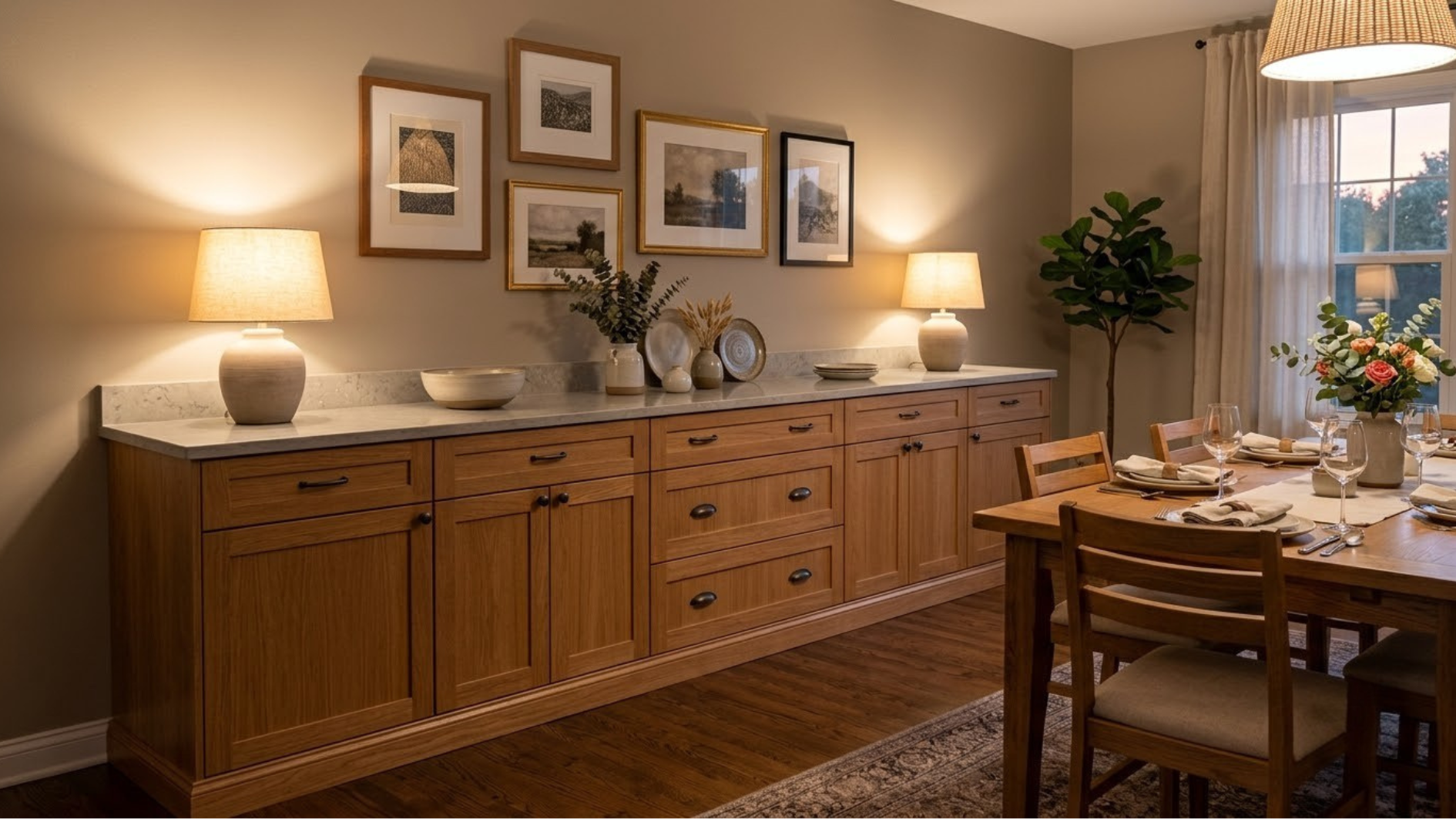 oak dining room buffet wall with drawers cabinets marble top lamps framed art and a warmly styled wooden table