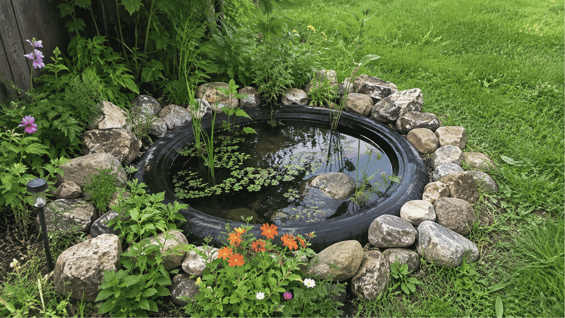 old tire pond edged with rocks and flowers, filled with water plants