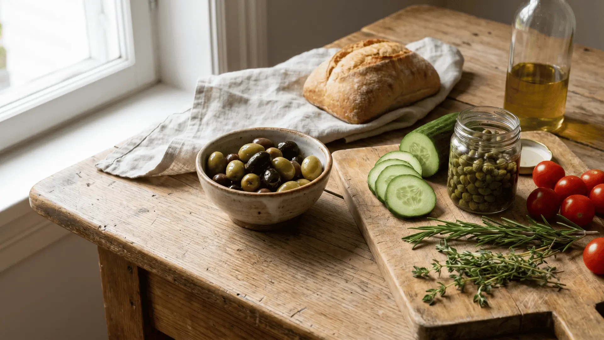 Olives served with cucumbers, tomatoes, capers, bread, and olive oil on a table.