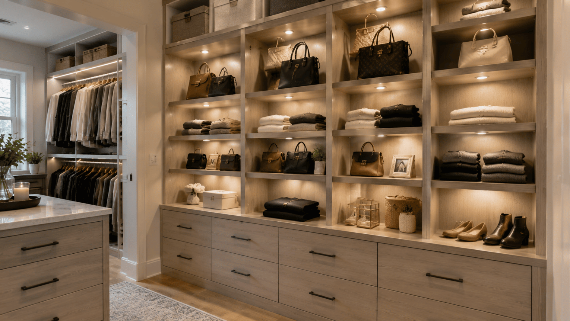 open closet cabinet with recessed puck lights illuminating handbags folded clothes shoes and storage shelves