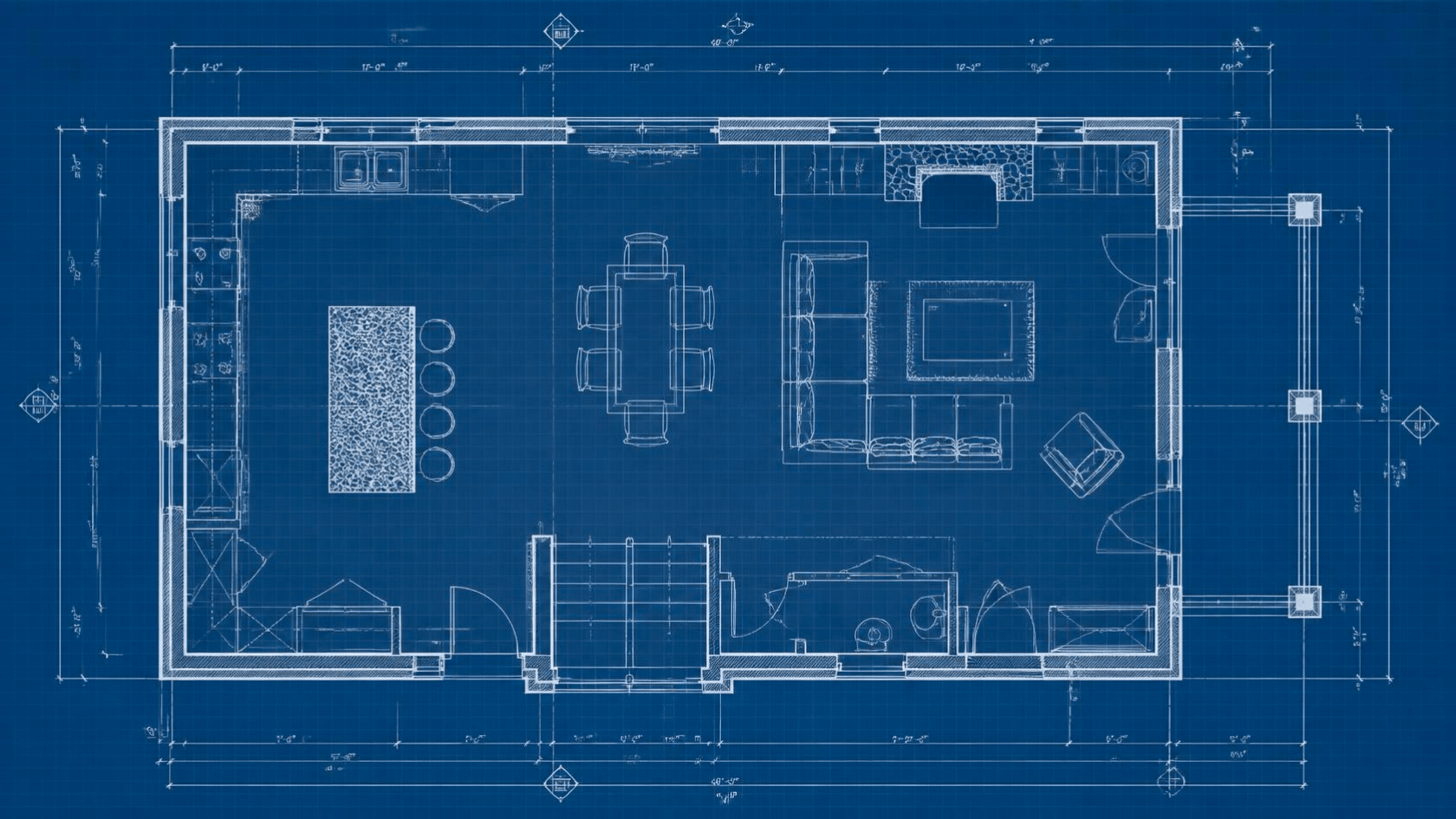 Open-concept Craftsman floor plan blueprint showing kitchen, dining, living areas, furniture layout, and measurements.