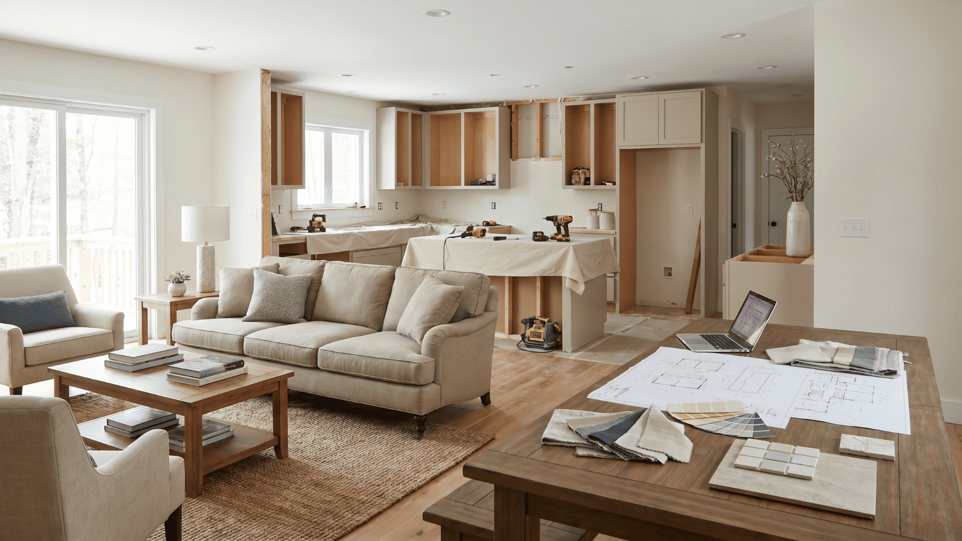 Open-concept residential interior showing furnished, renovation, and planning areas within one connected home space